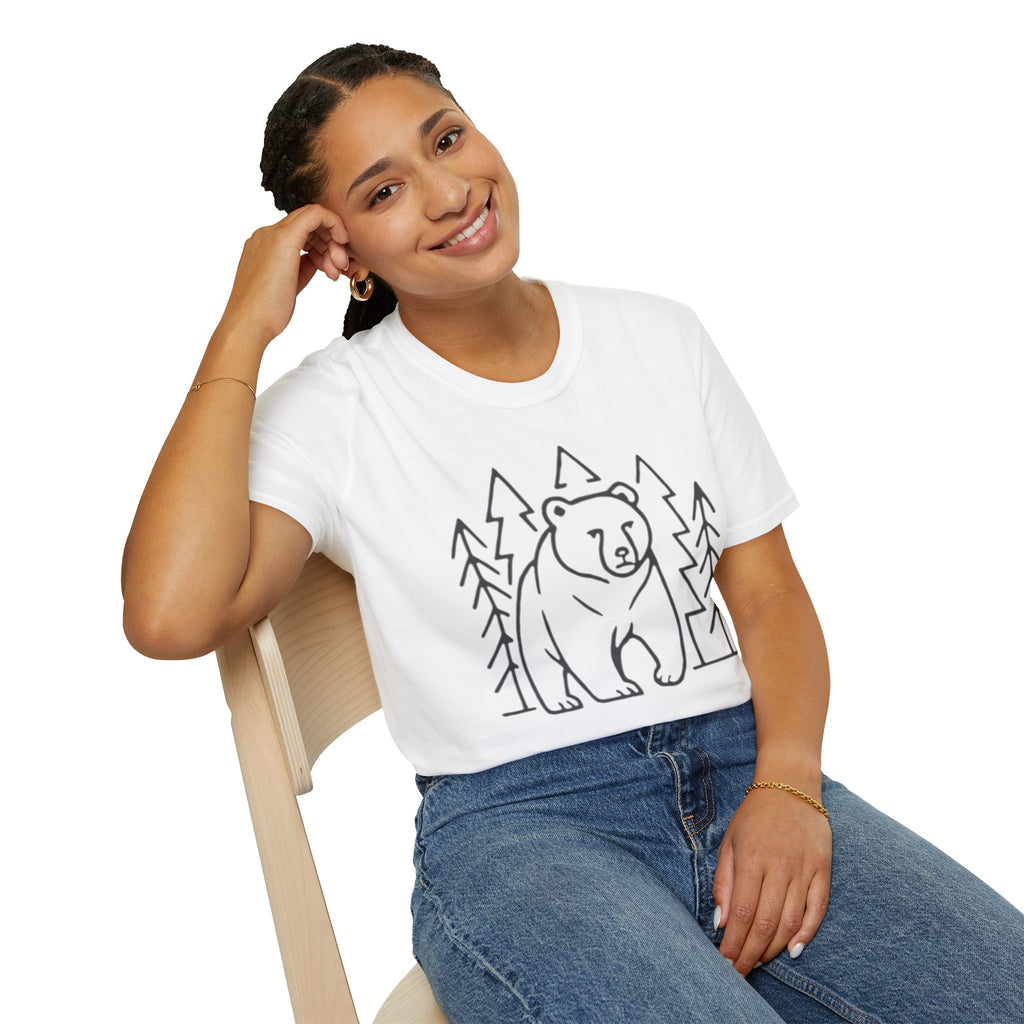 Bear & Pines T-Shirt — Minimal Line Drawing Woodland Tee