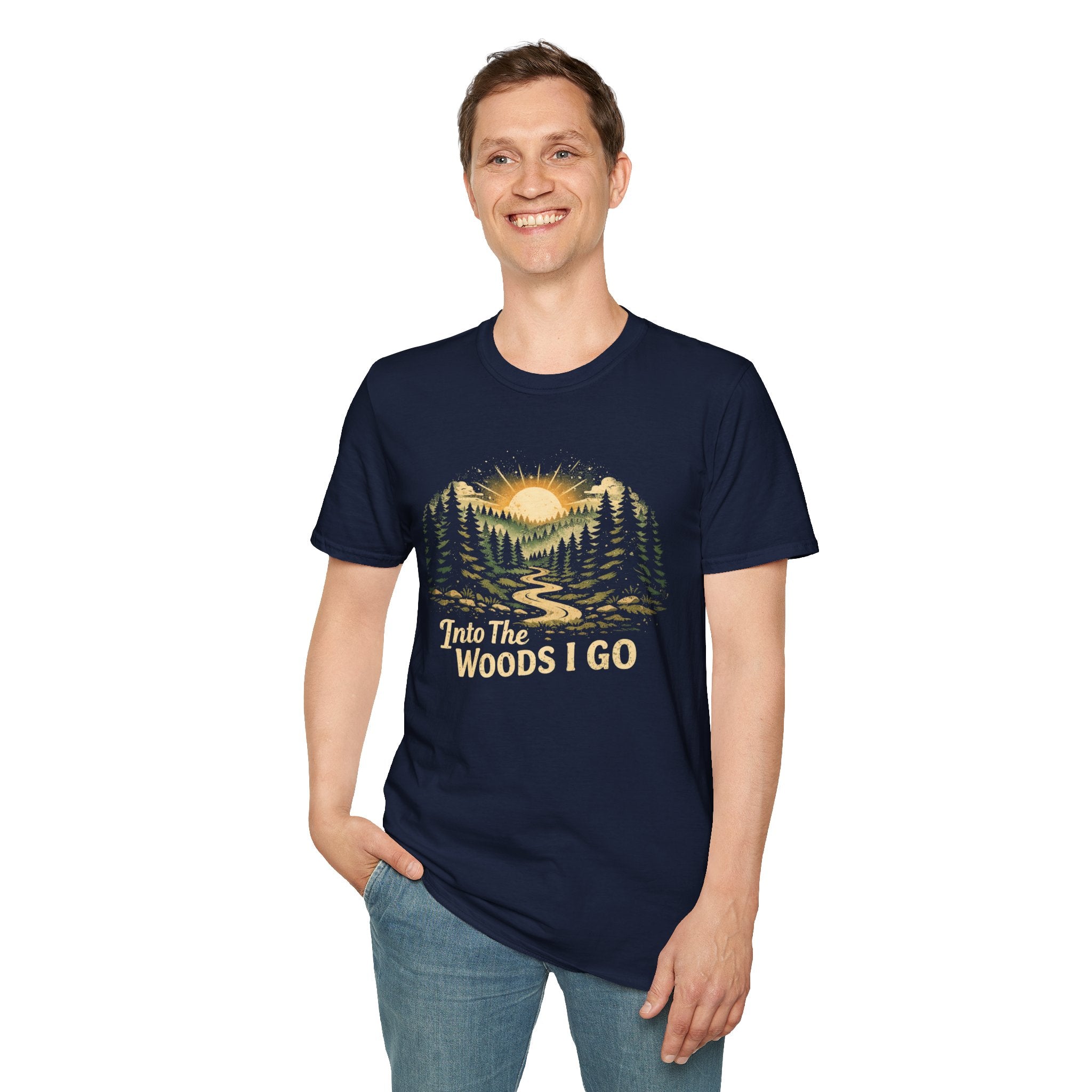 T-Shirt — "Into The Woods I Go" Vintage Forest Sunset Tee