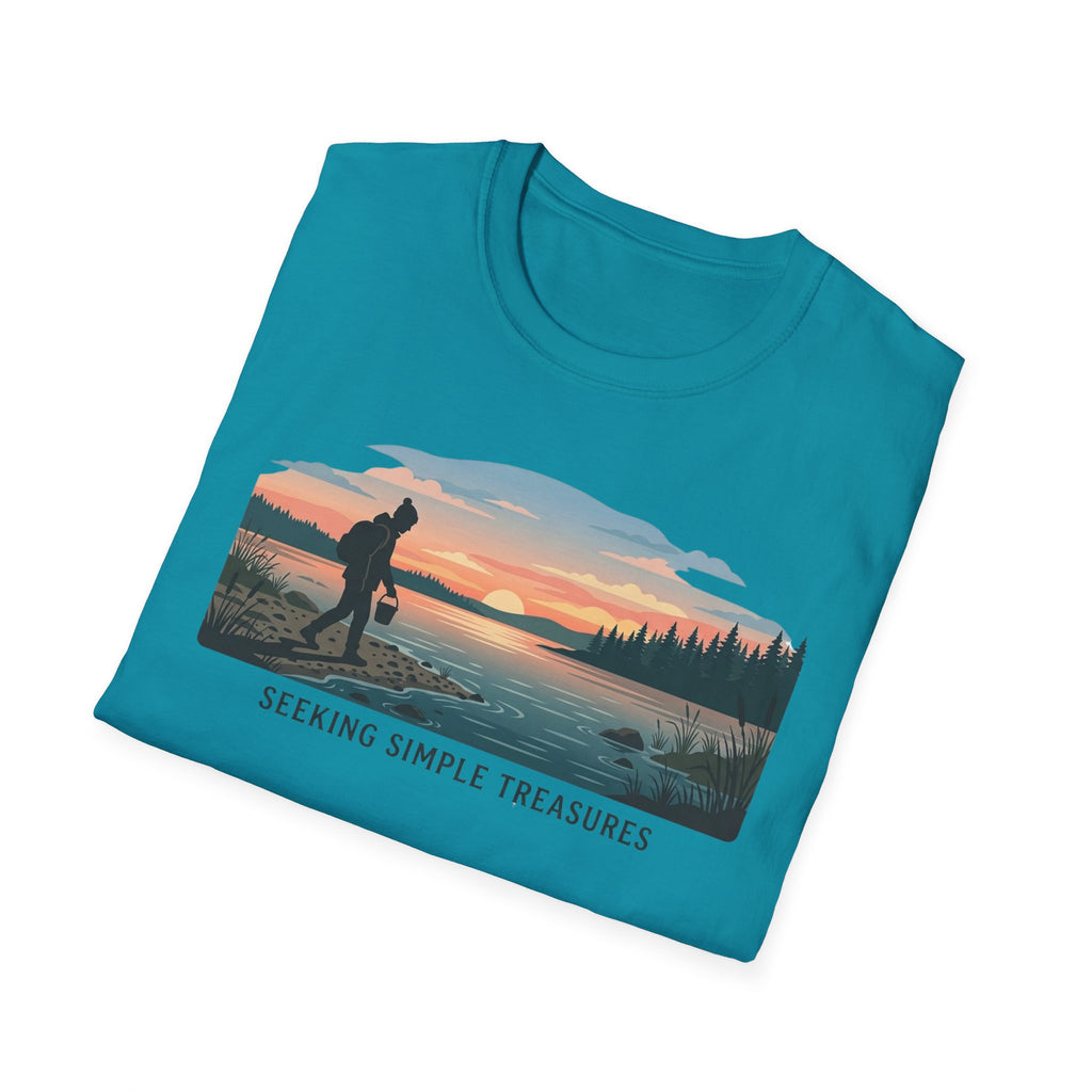 Outdoor T-Shirt — "Seeking Simple Treasures" Sunset Hiker Graphic
