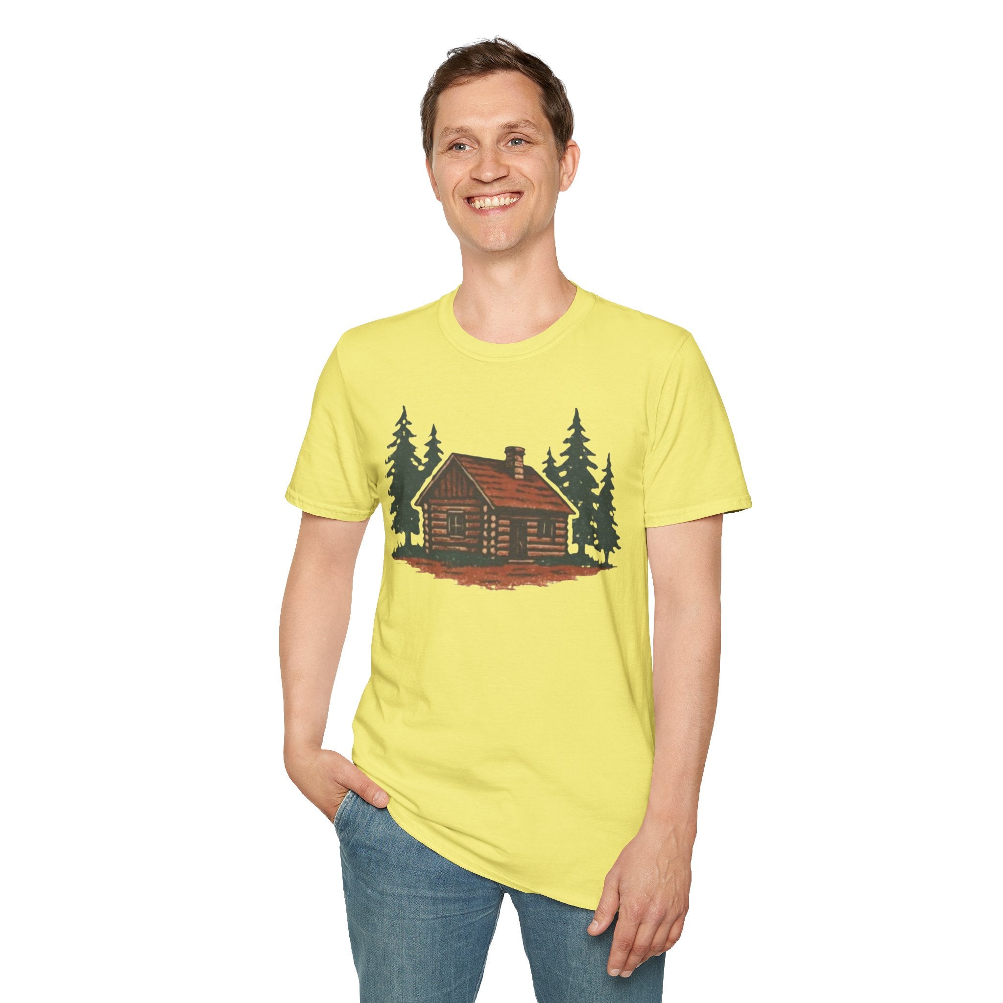 Vintage Cozy Cabin T-Shirt — Faded Pine Tree Cabin Tee