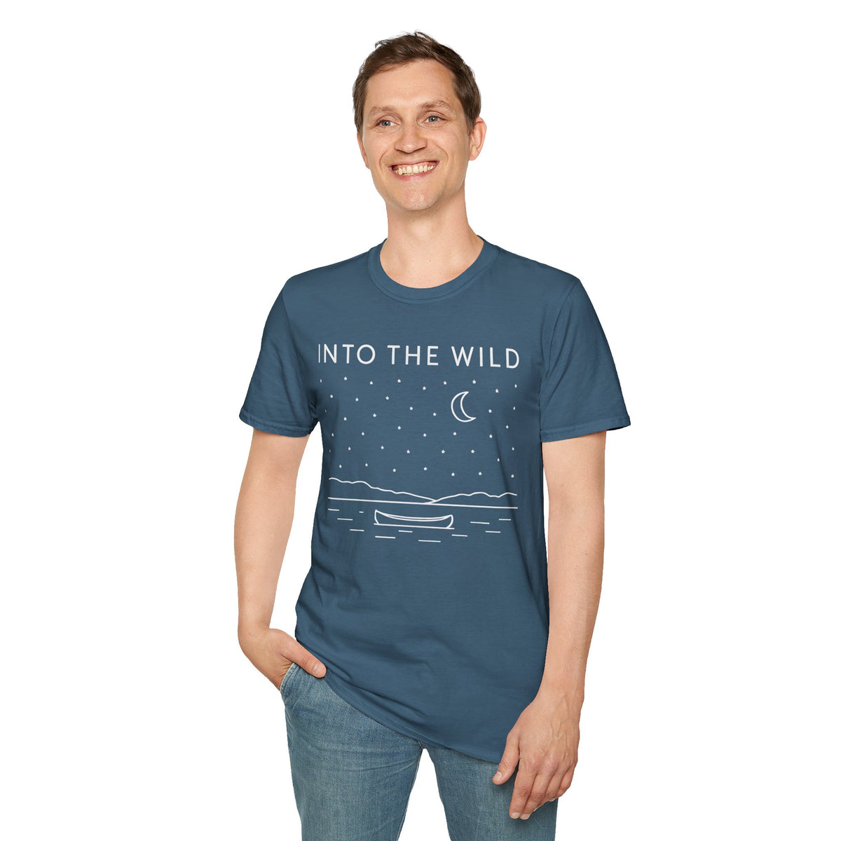 Into The Wild Canoe T-Shirt - Minimal Night Sky Lake Camping Tee