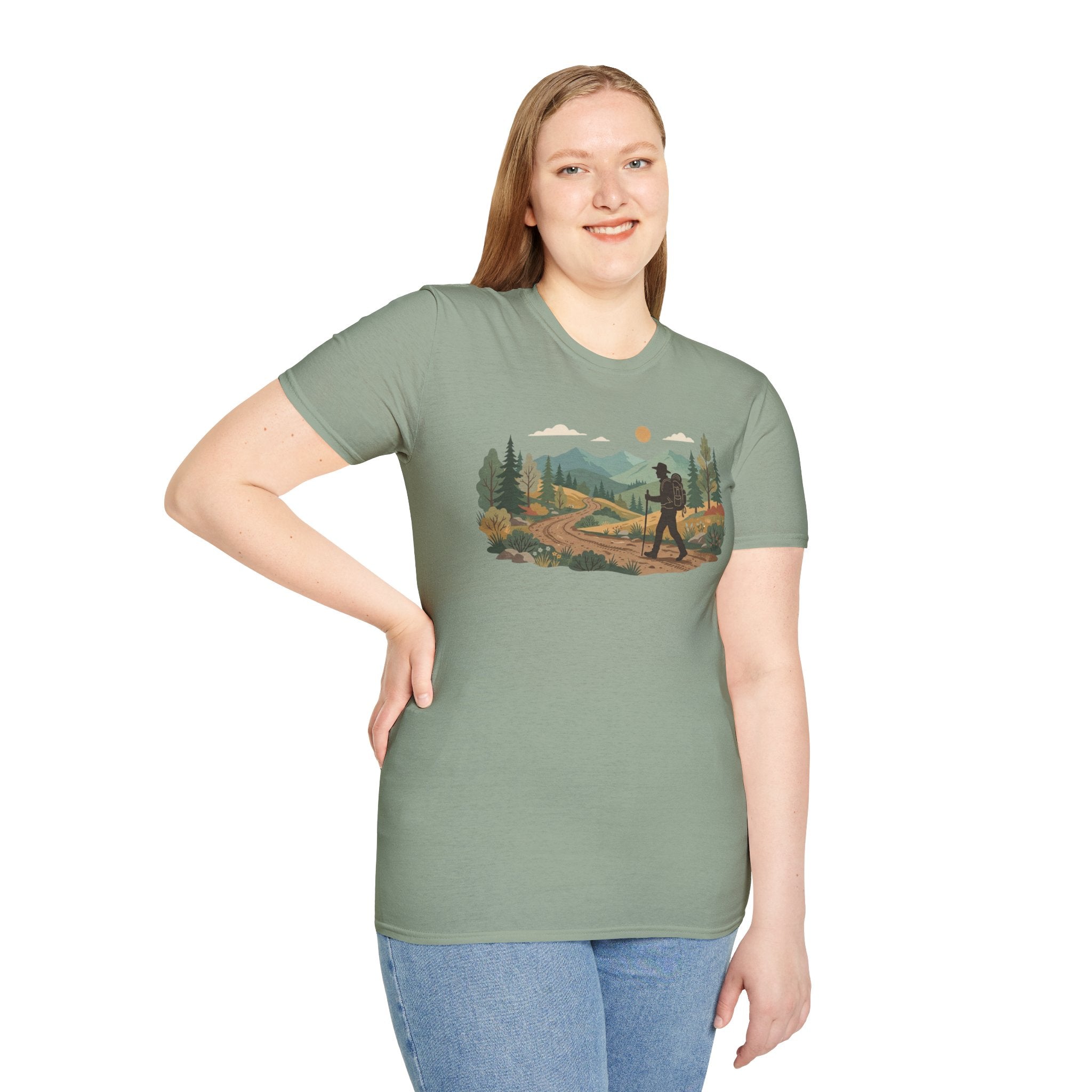 Hiker Mountain Sunset T-Shirt — Scenic Trail Adventure Tee