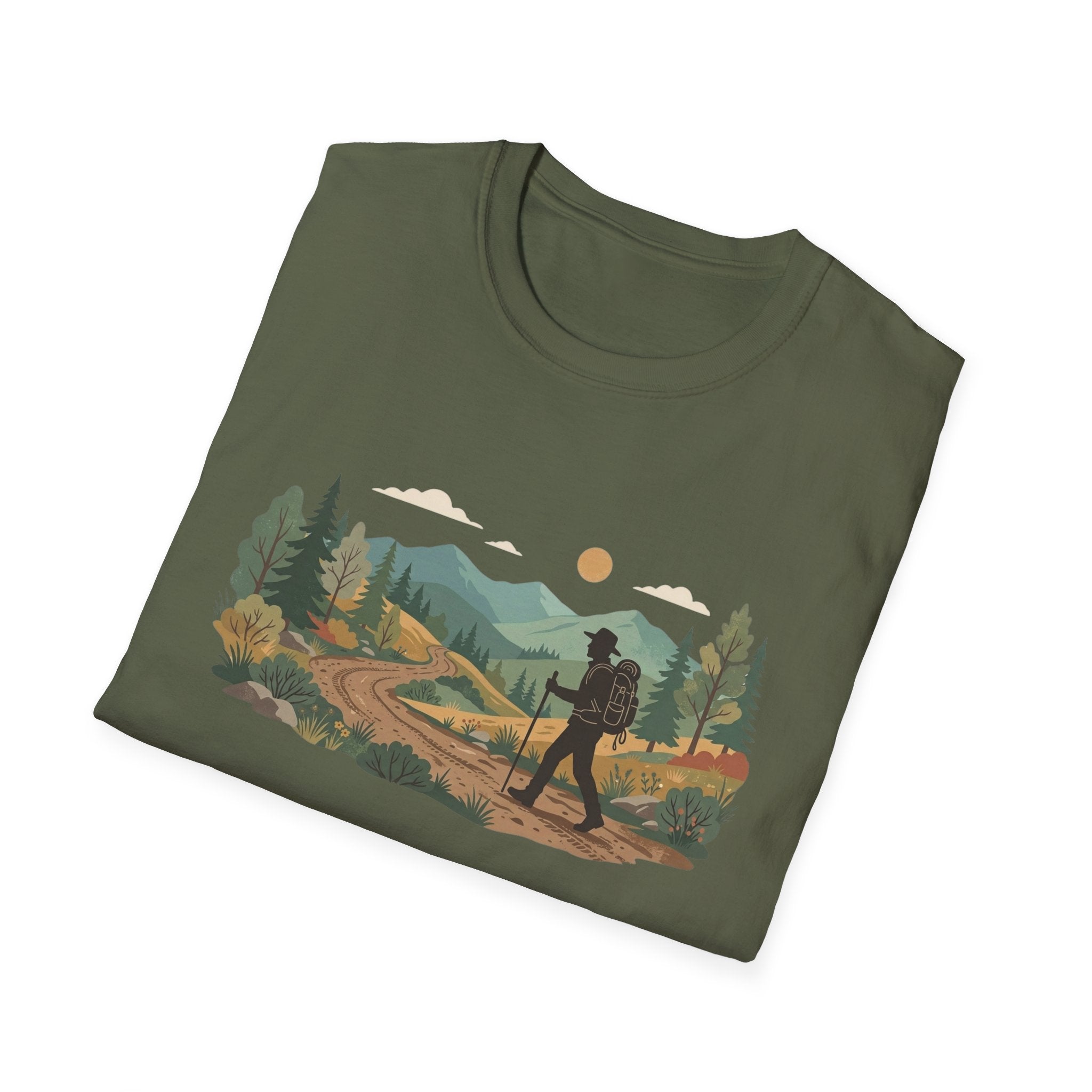 Hiker Mountain Sunset T-Shirt — Scenic Trail Adventure Tee
