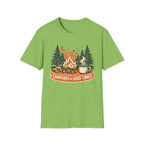 "Campfires & Good Times" T-Shirt — Retro Camping Tee with Bonfire, Trees & Coffee Mug