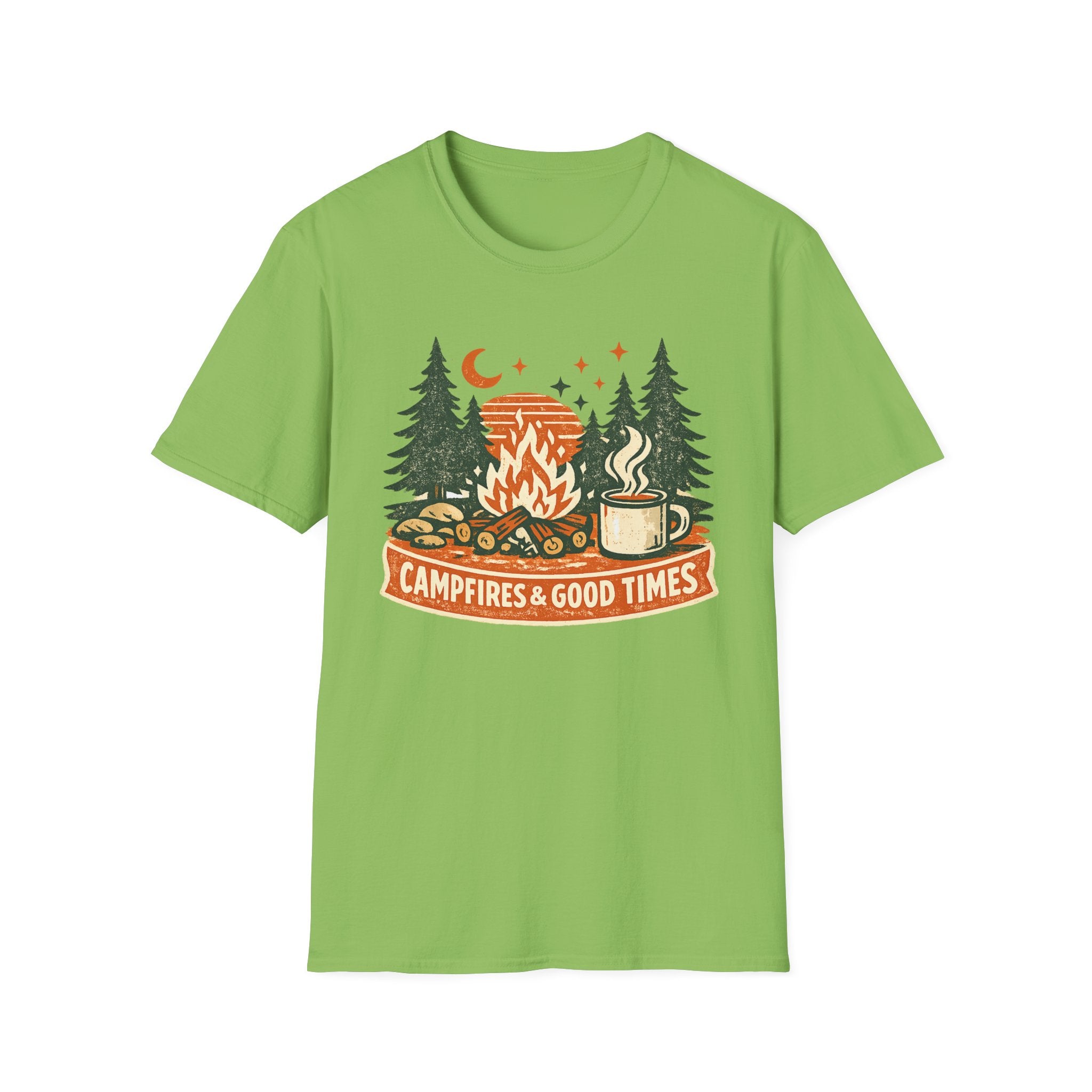 "Campfires & Good Times" T-Shirt — Retro Camping Tee with Bonfire, Trees & Coffee Mug