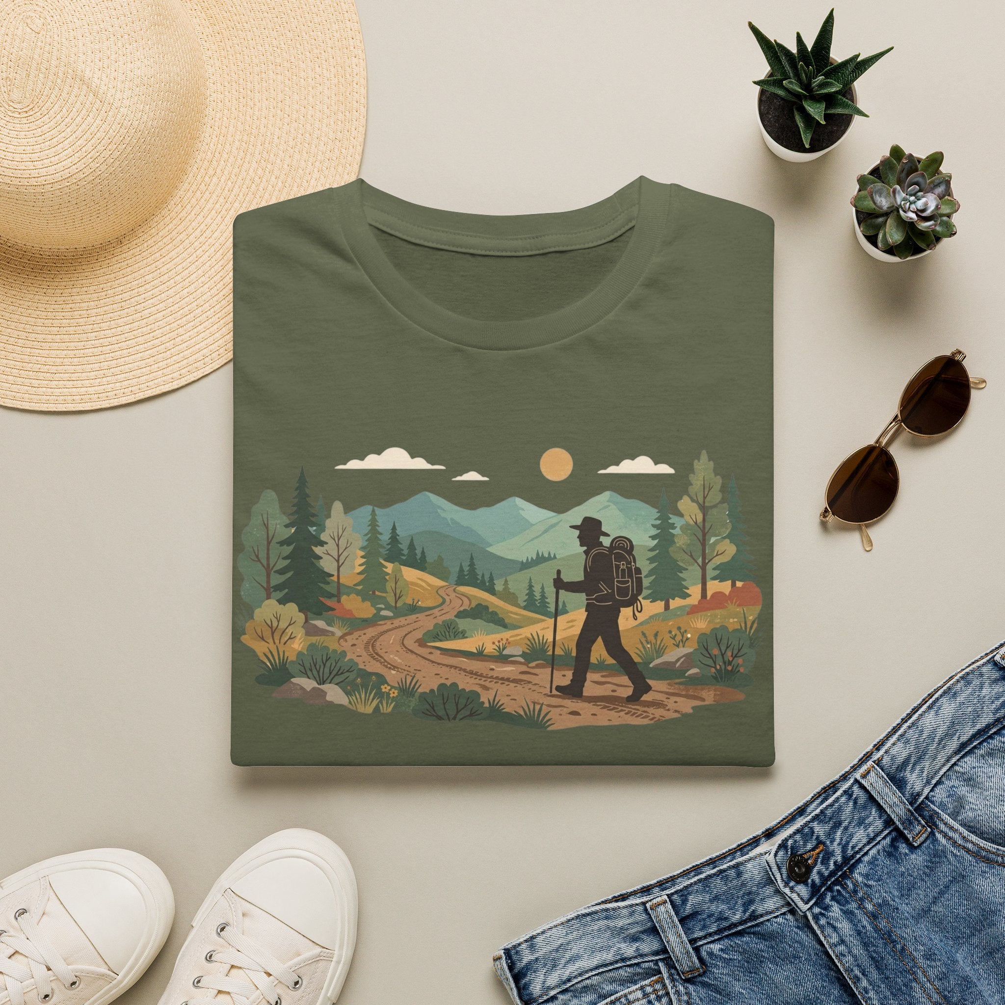 Hiker Mountain Sunset T-Shirt — Scenic Trail Adventure Tee