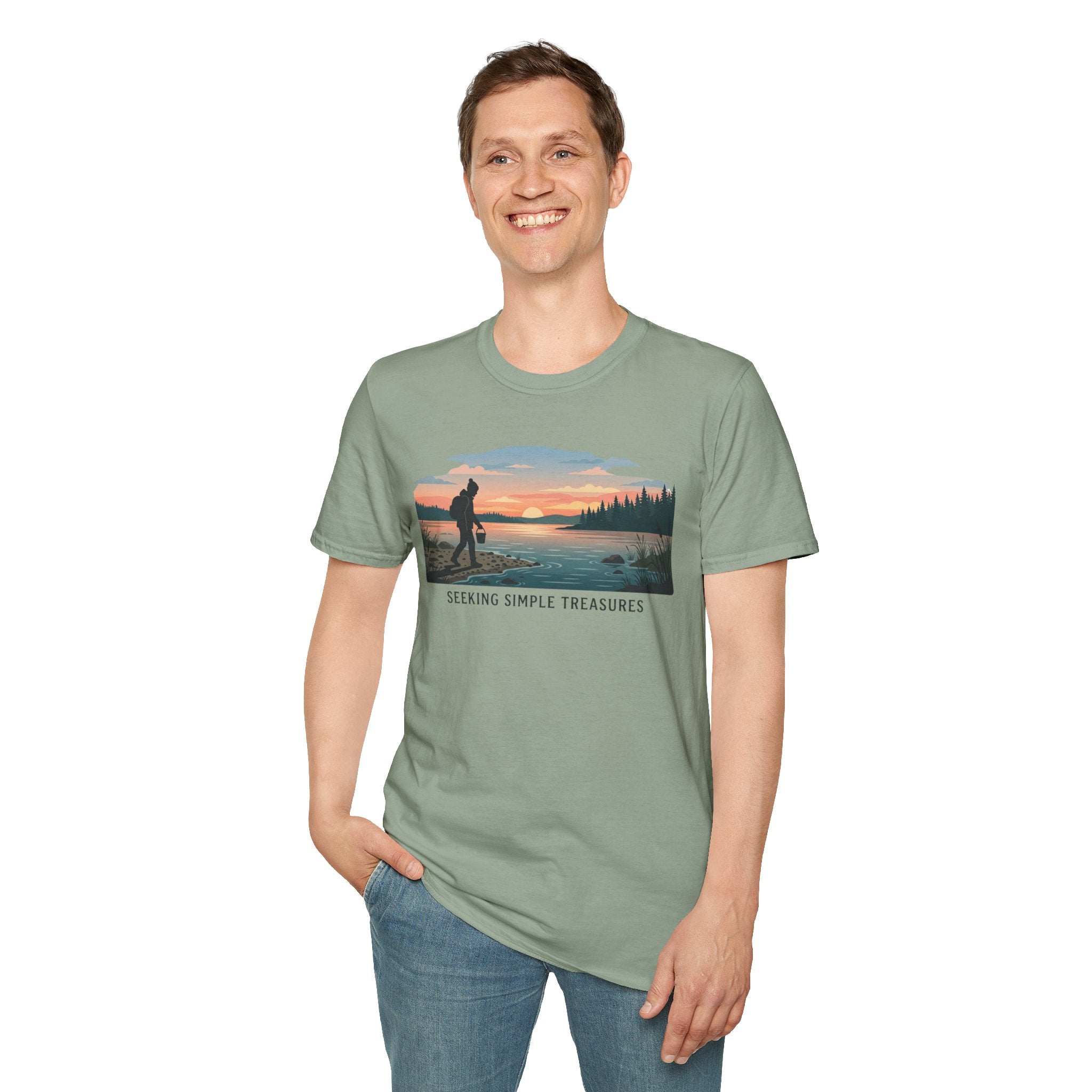 Outdoor T-Shirt — "Seeking Simple Treasures" Sunset Hiker Graphic