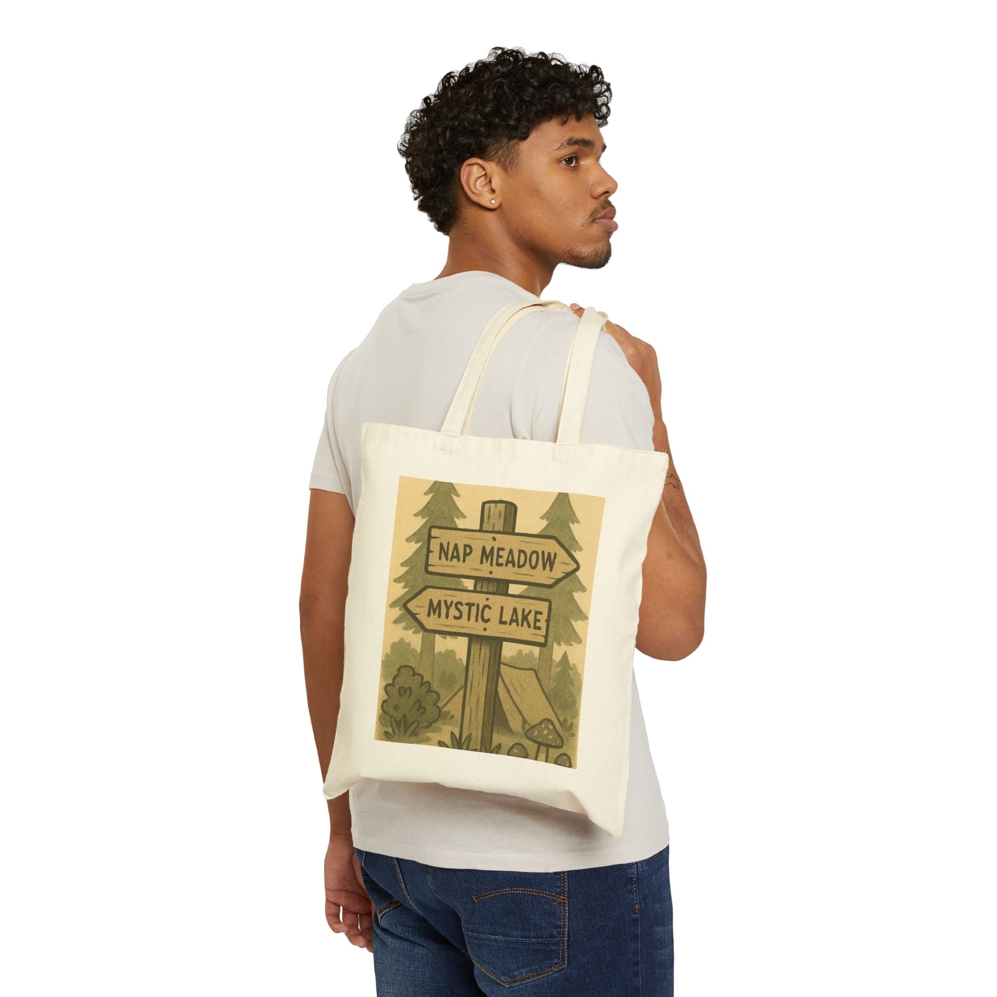 Tote Bag — Rustic ‘Nap Meadow / Mystic Lake’ Camping Sign Canvas Tote