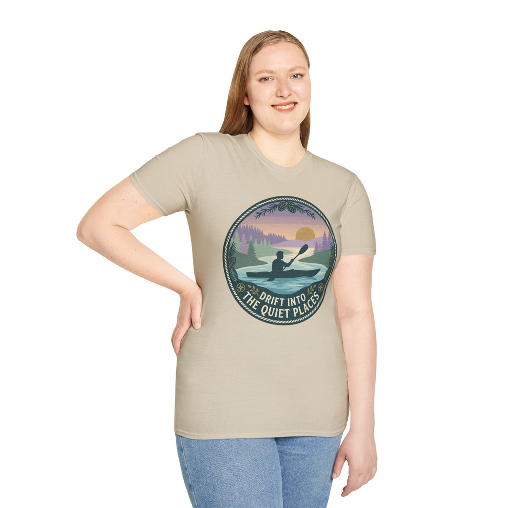 "Drift Into The Quiet Places" Kayak Sunset T‑Shirt — Outdoor Relaxation Tee Shirt