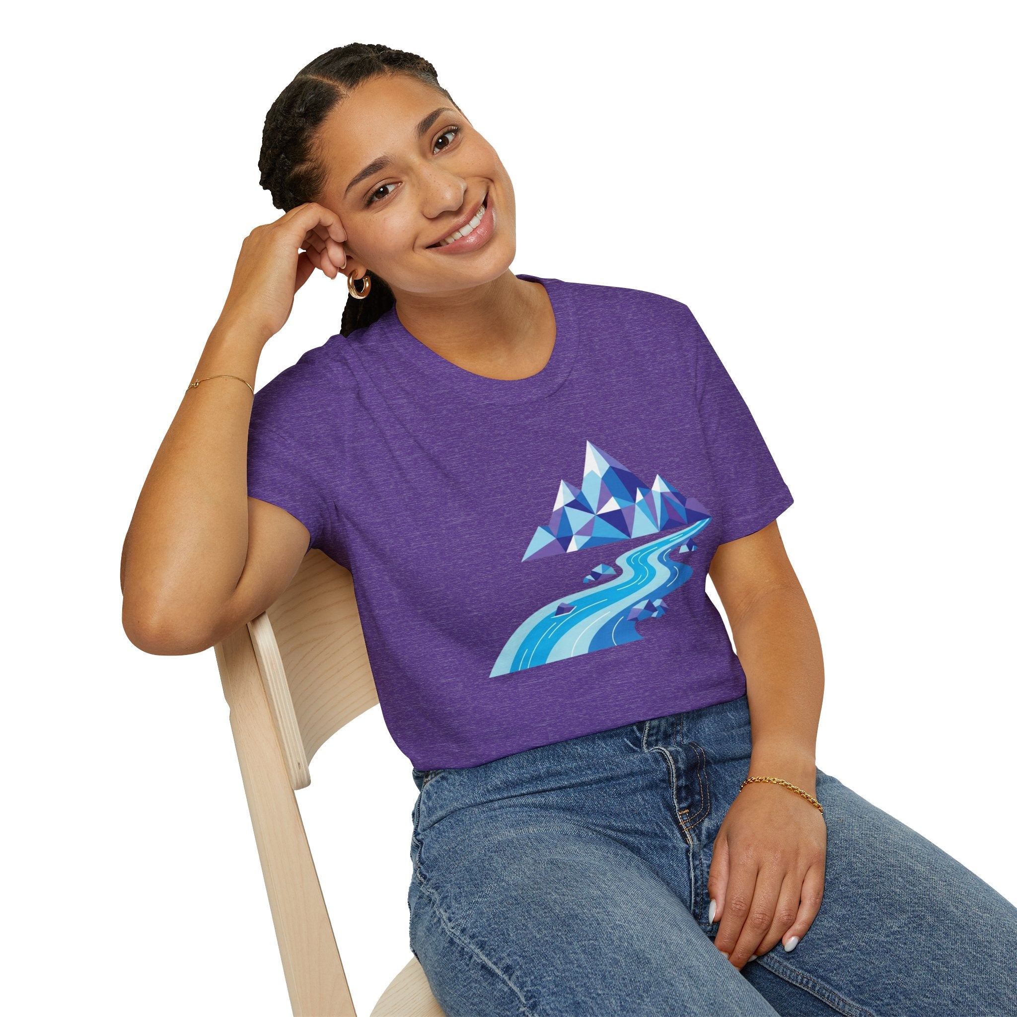 Mountain River T-Shirt — Geometric Blue Peaks & Flowing River