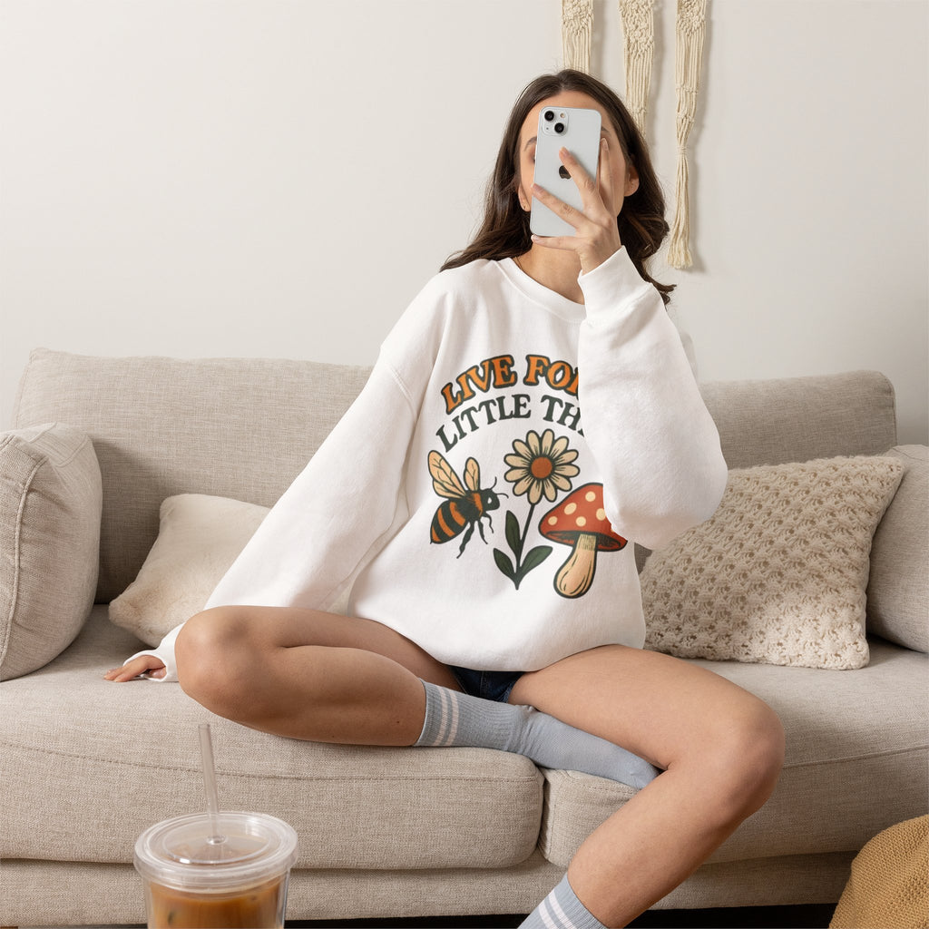 "Live For The Little Things" Bee, Daisy & Mushroom Retro Nature Design Crewneck Sweatshirt