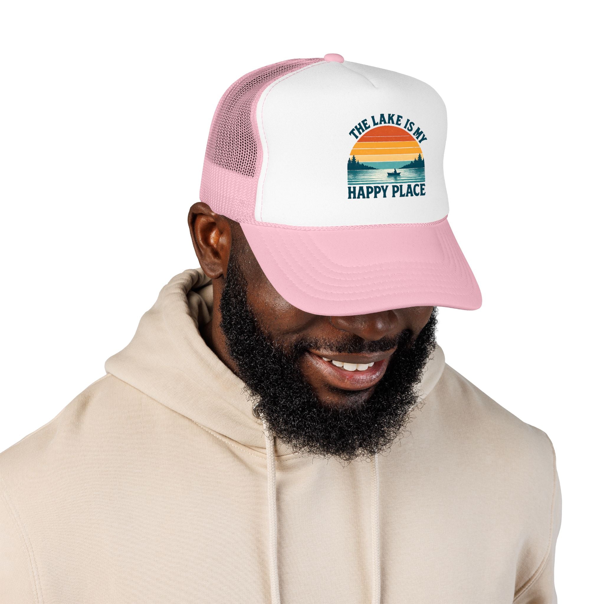 Lake Is My Happy Place Trucker Hat — Vintage Sunset Fishing Foam Cap