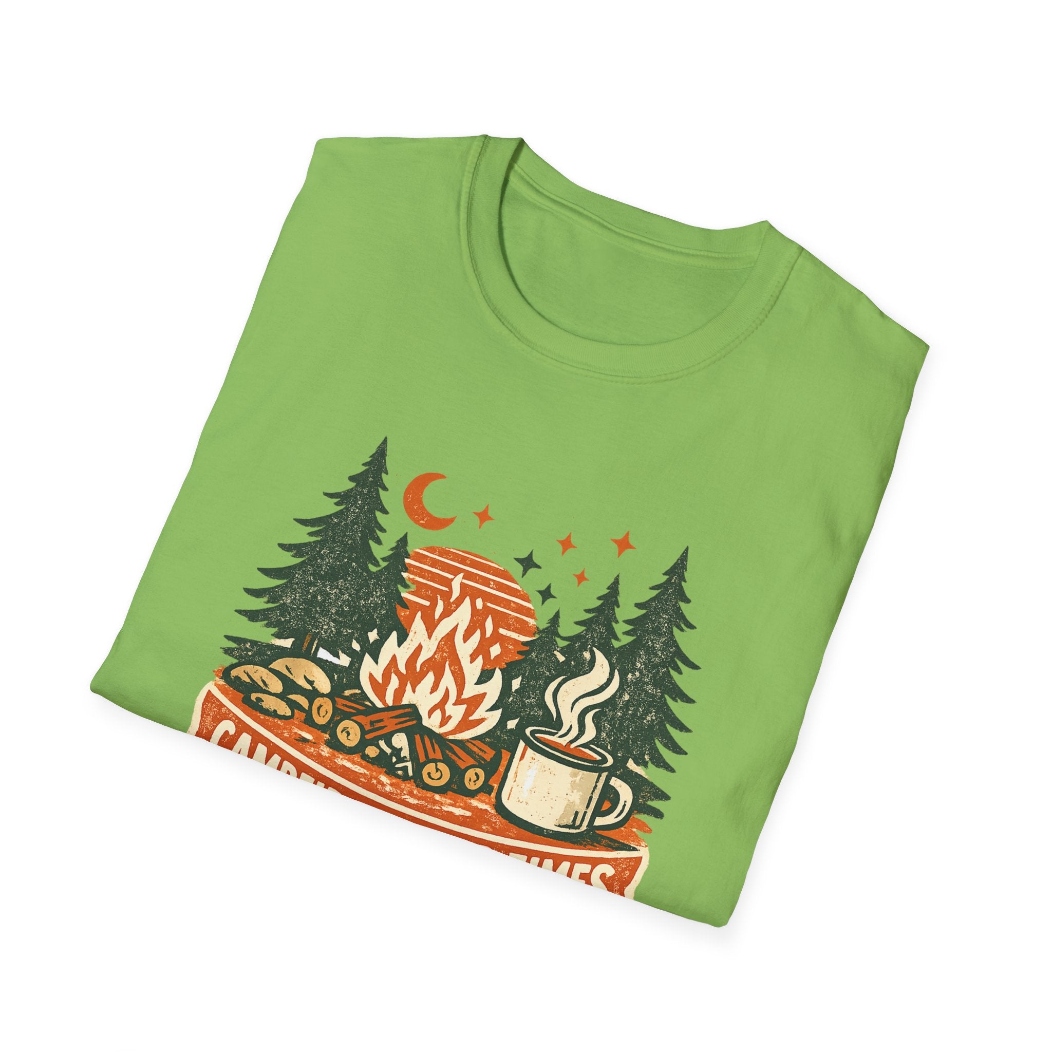 Campfires & Good Times T-Shirt — Retro Camping Tee with Bonfire, Trees & Coffee Mug