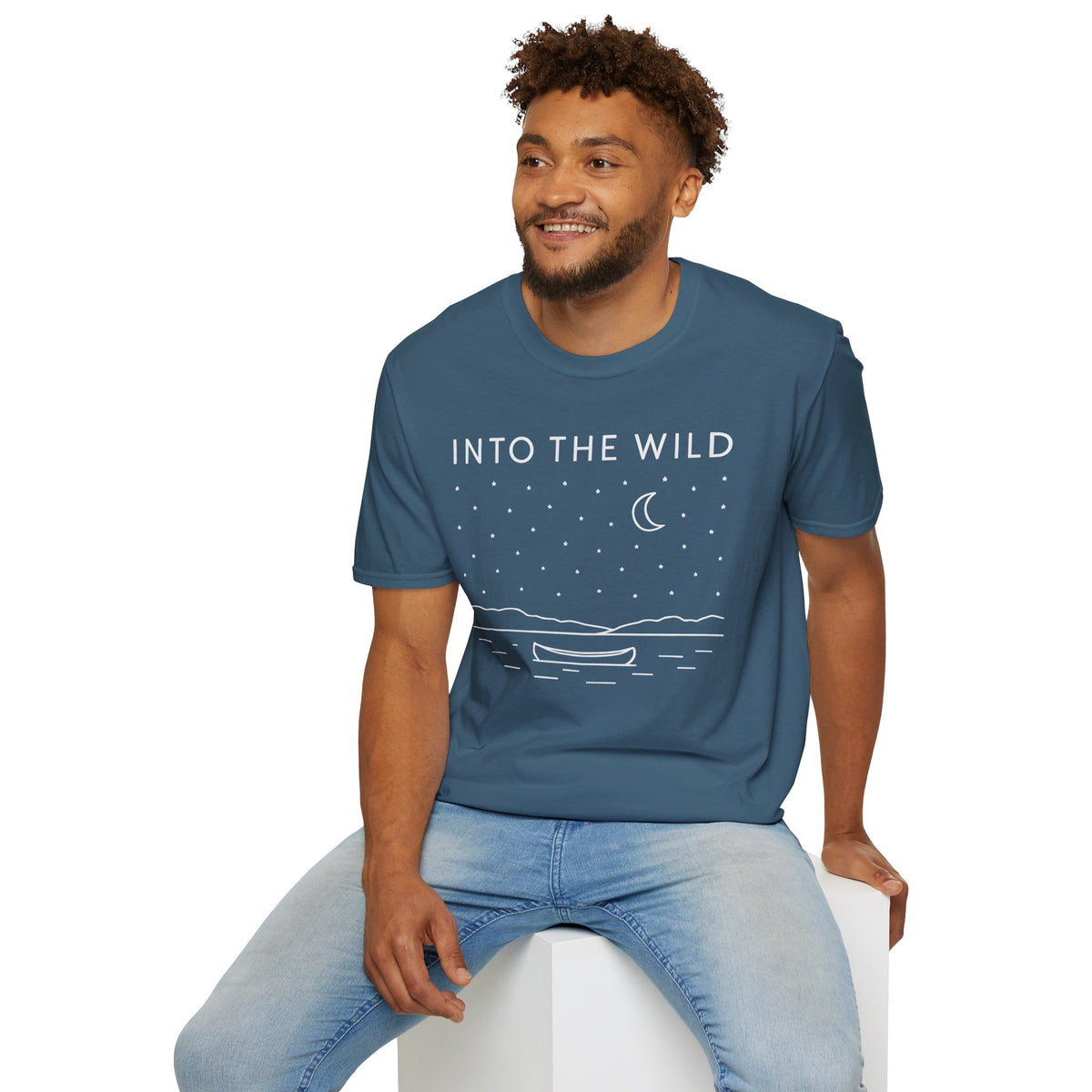 Into The Wild Canoe T-Shirt - Minimal Night Sky Lake Camping Tee