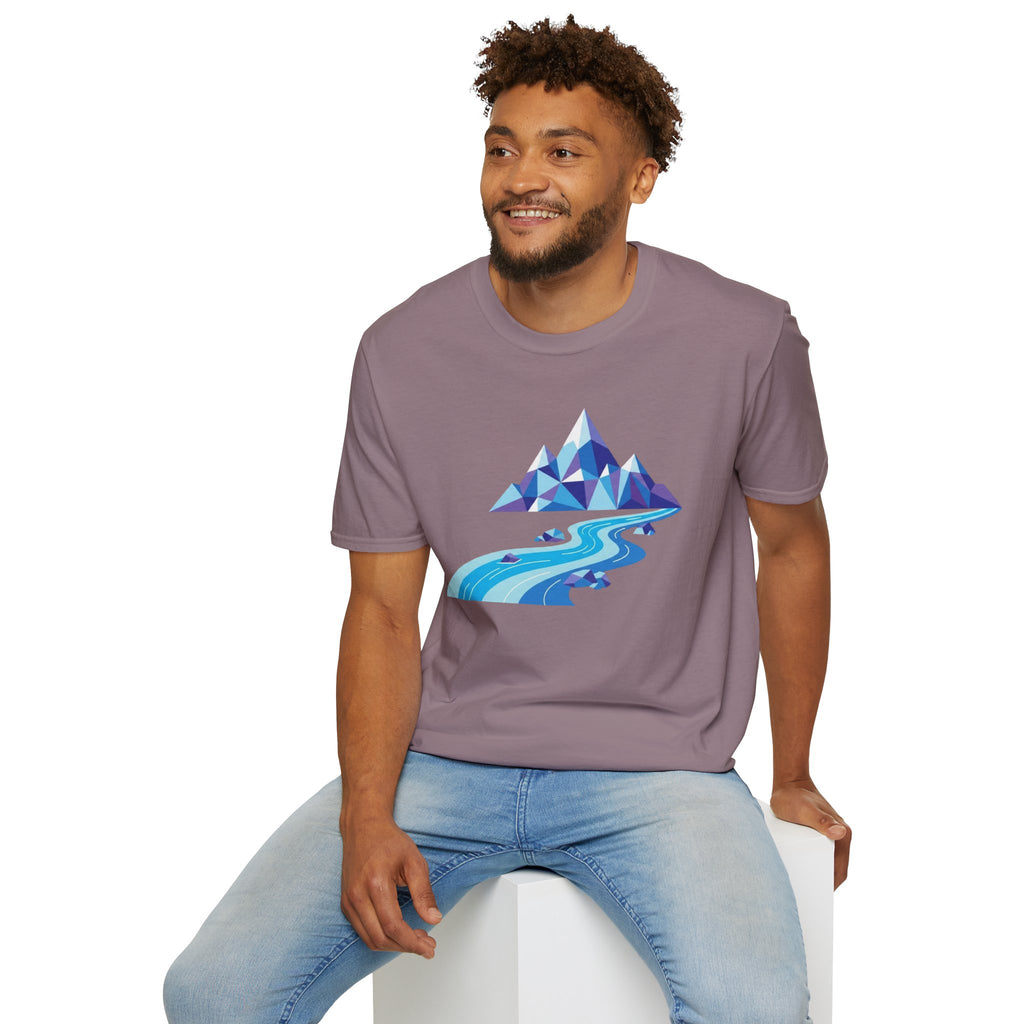 Mountain River T-Shirt — Geometric Blue Peaks & Flowing River