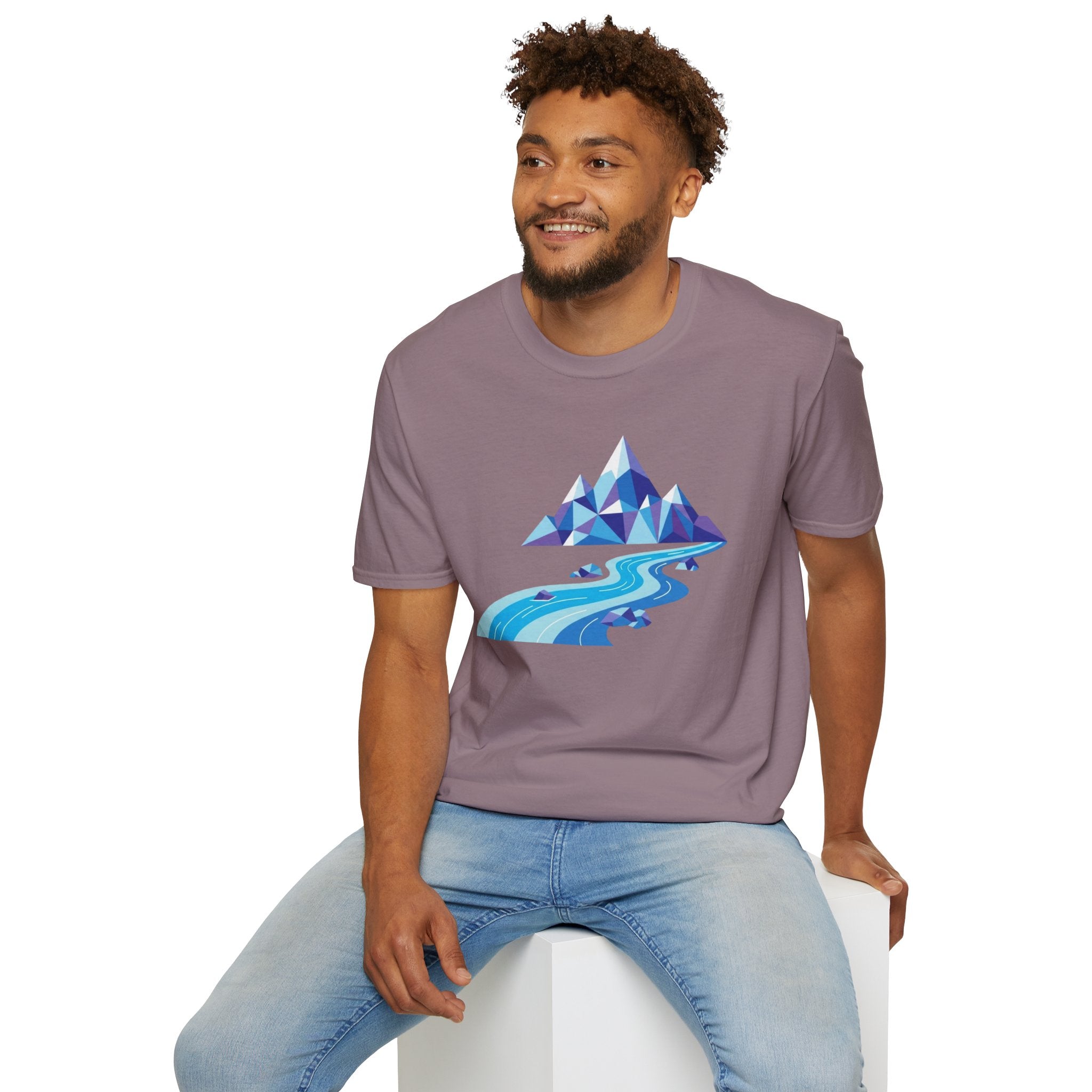 Mountain River T-Shirt — Geometric Blue Peaks & Flowing River