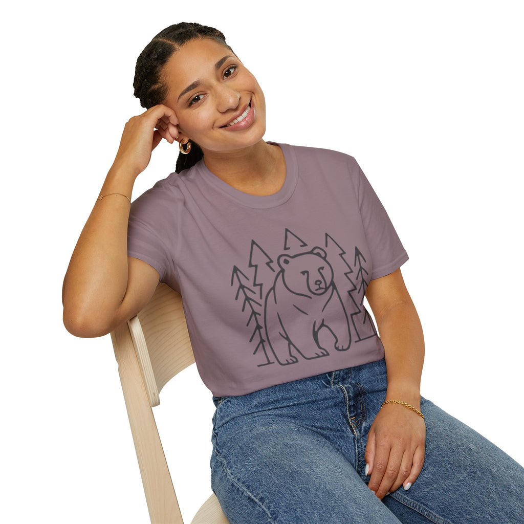 Bear & Pines T-Shirt — Minimal Line Drawing Woodland Tee