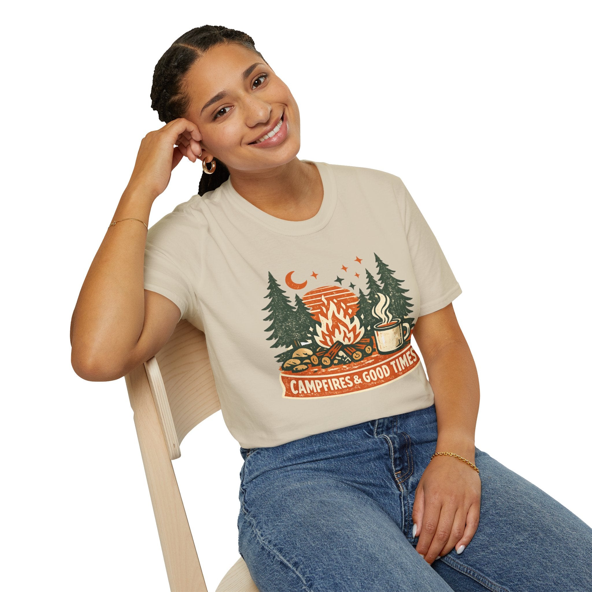 "Campfires & Good Times" T-Shirt — Retro Camping Tee with Bonfire, Trees & Coffee Mug