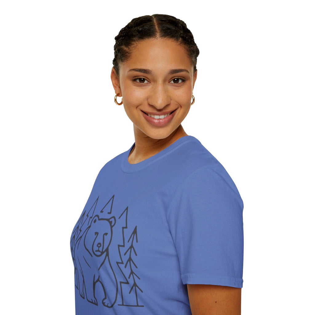 Bear & Pines T-Shirt — Minimal Line Drawing Woodland Tee