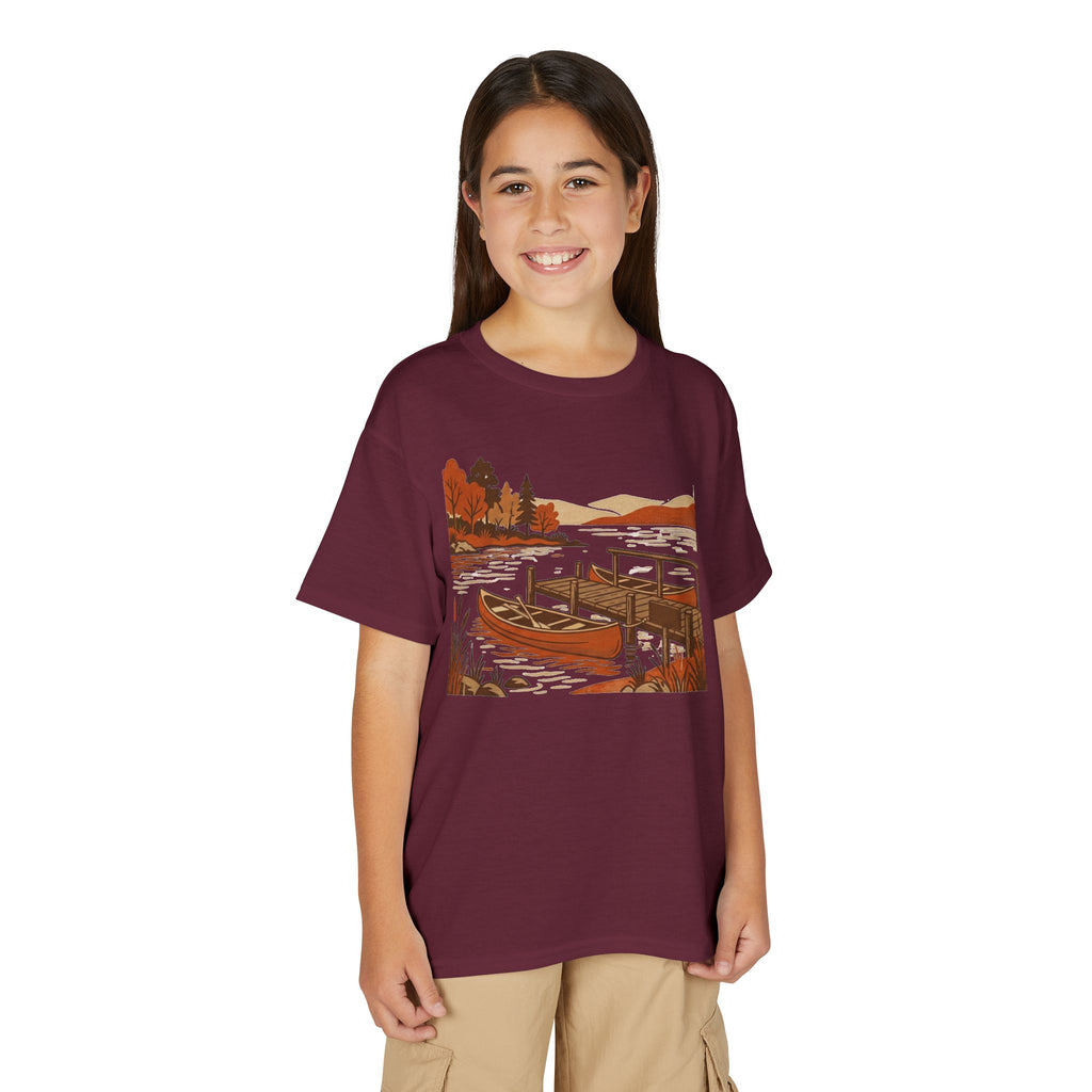 Youth T-Shirt — Autumn Lakeside Dock & Canoe Kids Tee