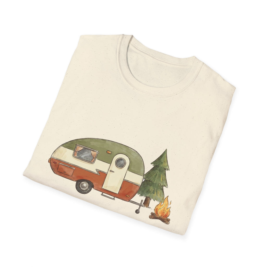 Vintage Camper & Campfire T-Shirt — Retro Trailer Camping Graphic Tee