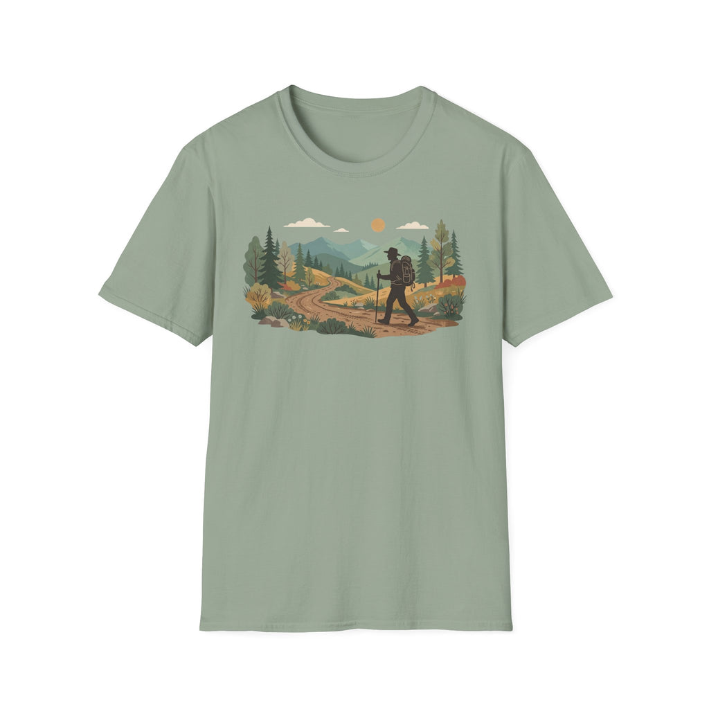 Hiker Mountain Sunset T-Shirt — Scenic Trail Adventure Tee