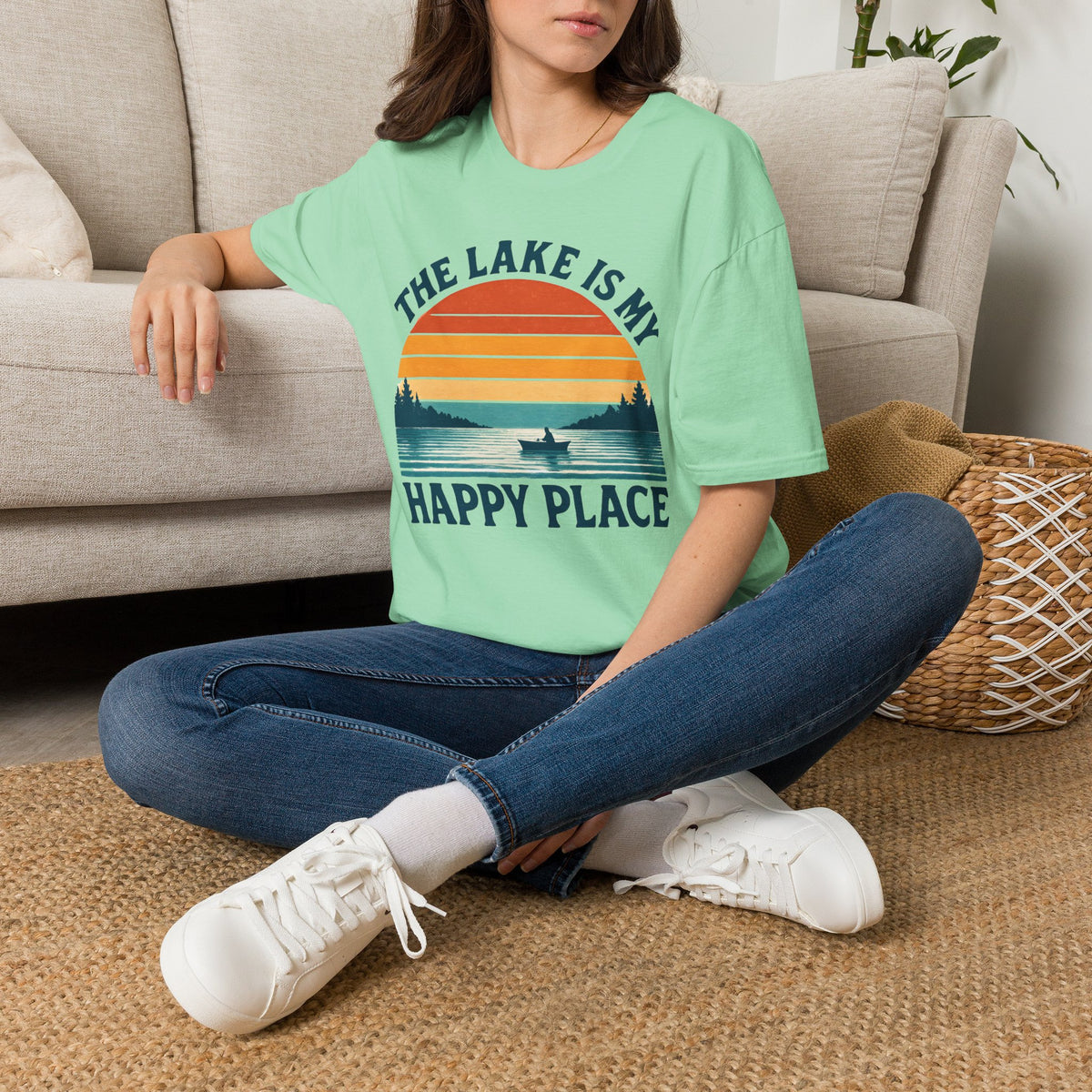 "The Lake Is My Happy Place" Canoe On The Lake At Sunset T-Shirt