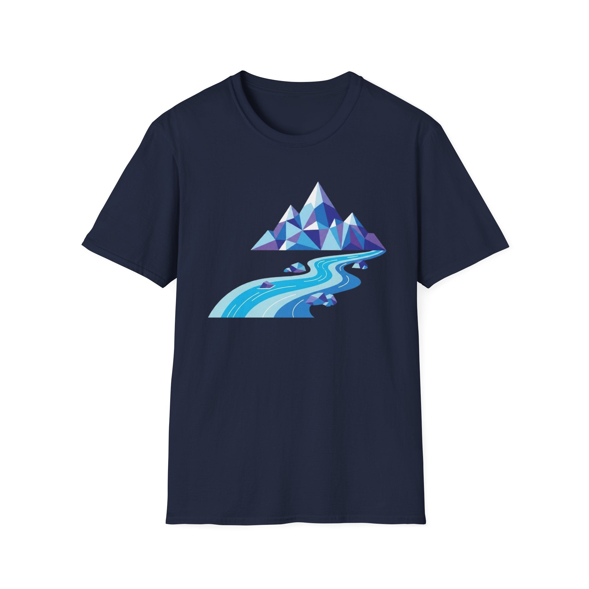 Mountain River T-Shirt — Geometric Blue Peaks & Flowing River