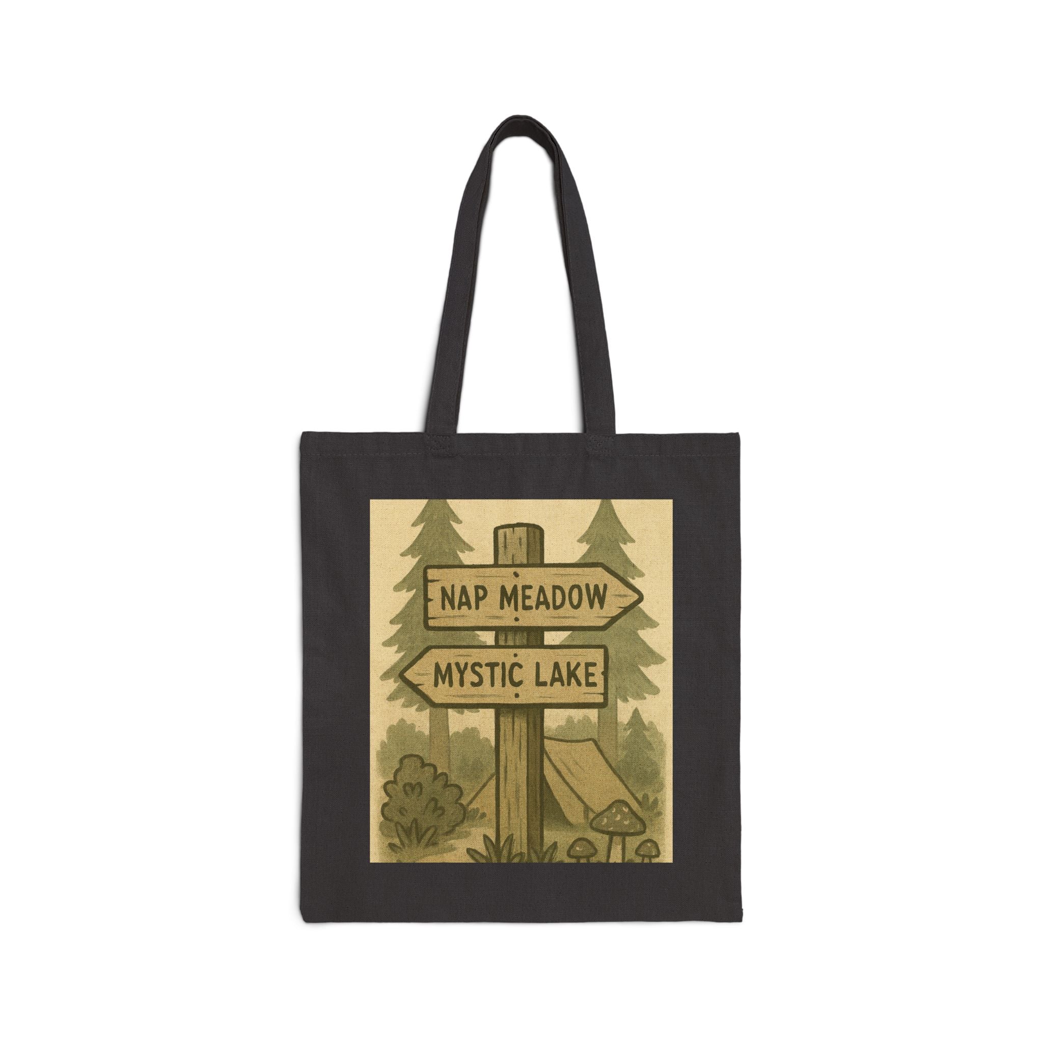 Tote Bag — Rustic ‘Nap Meadow / Mystic Lake’ Camping Sign Canvas Tote