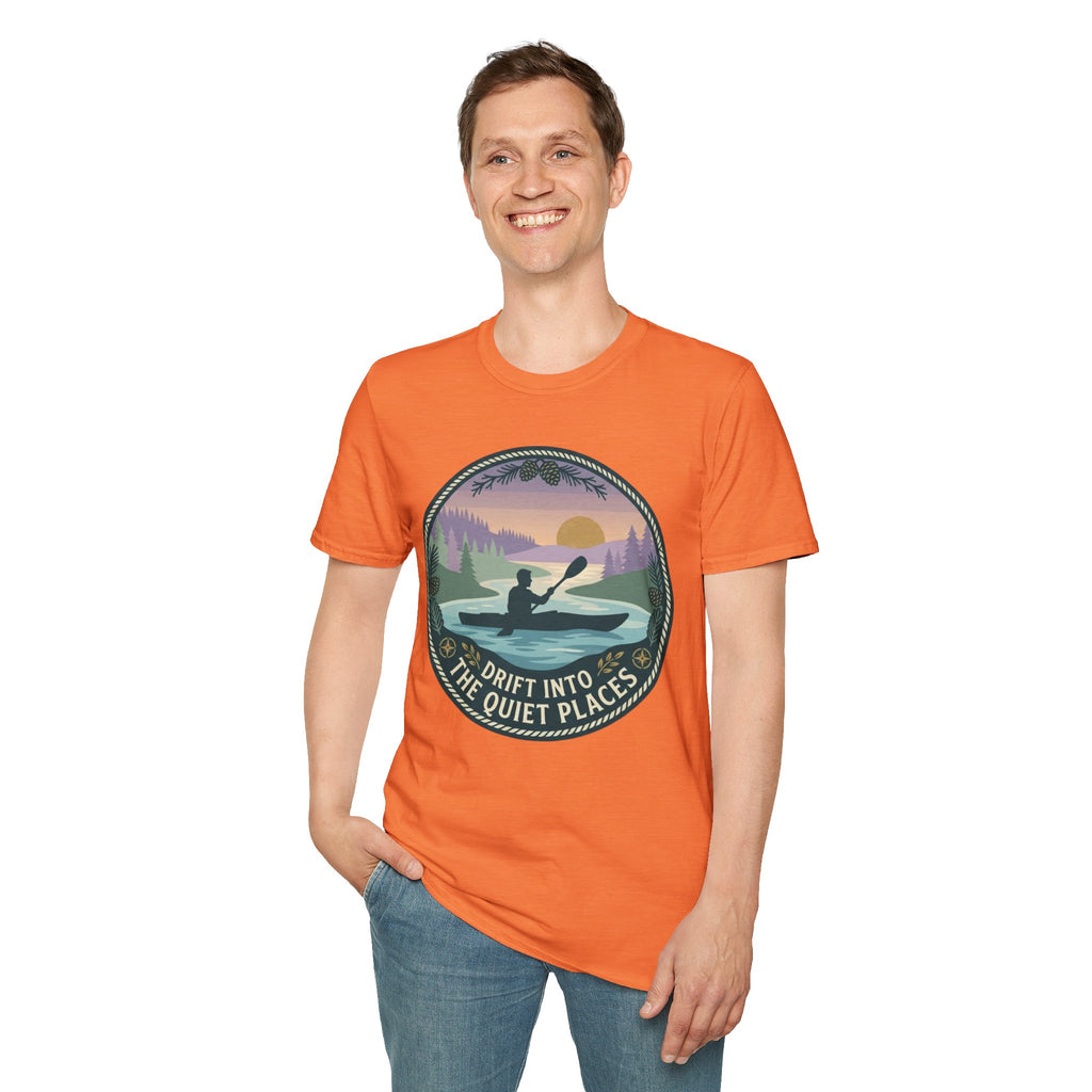 Kayak Sunset T‑Shirt — "Drift Into The Quiet Places" Outdoor Relaxation Tee