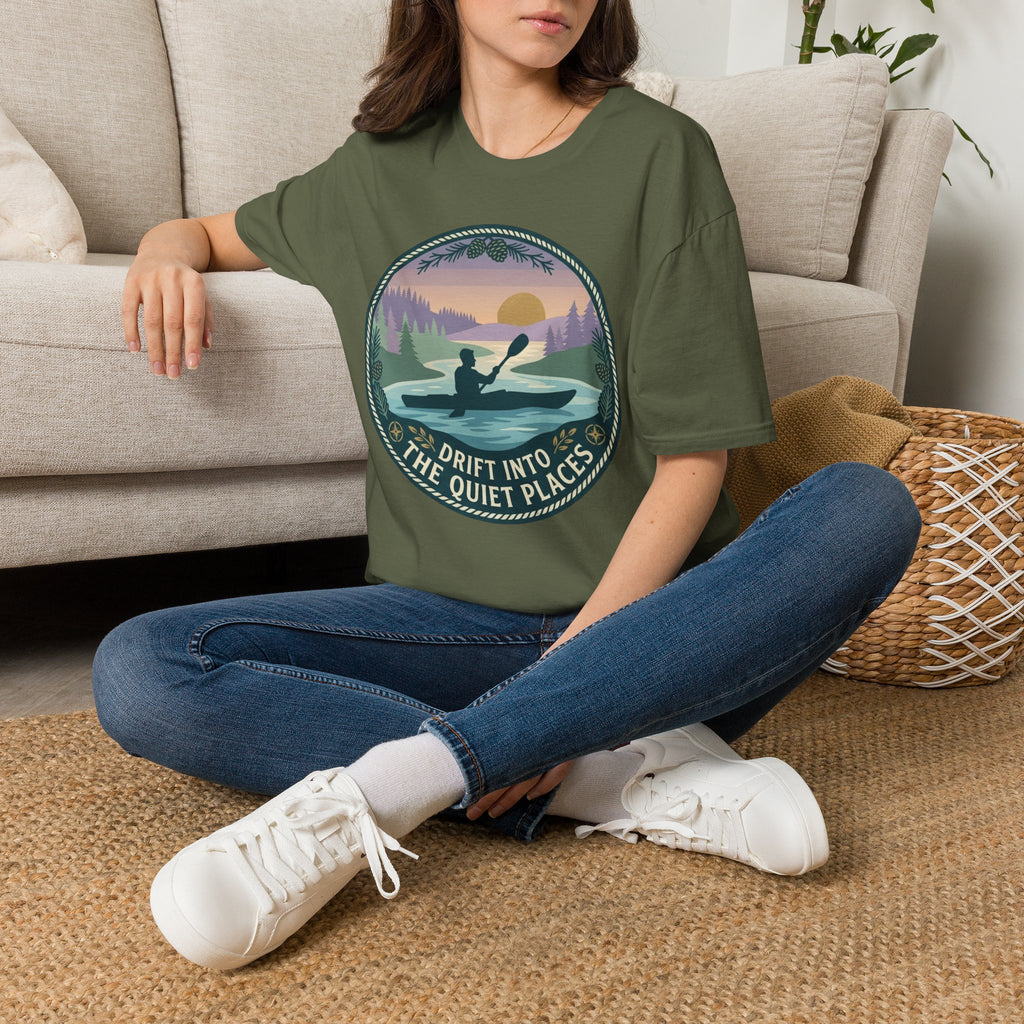 "Drift Into The Quiet Places" Kayak Sunset T‑Shirt — Outdoor Relaxation Tee Shirt