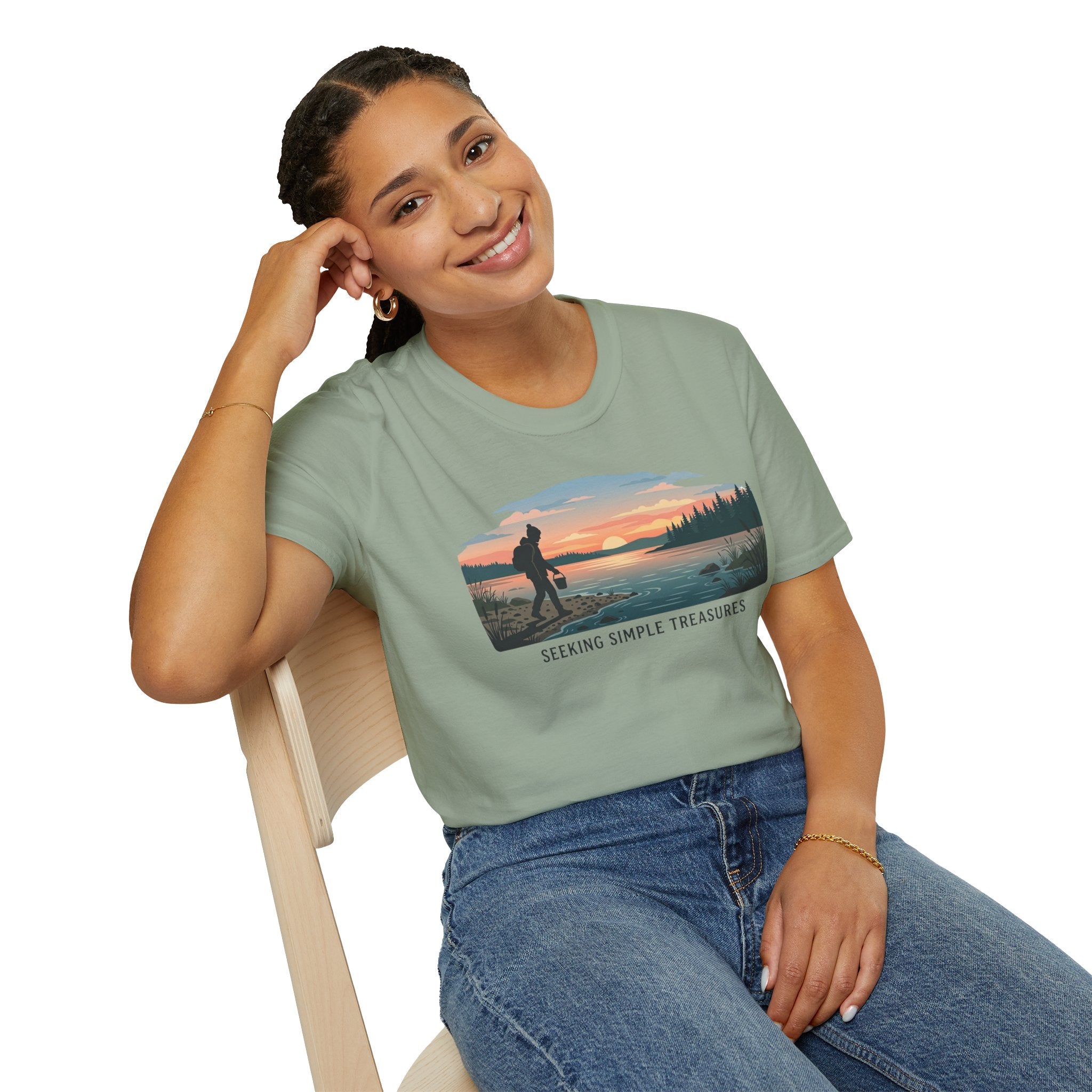 Outdoor T-Shirt — "Seeking Simple Treasures" Sunset Hiker Graphic