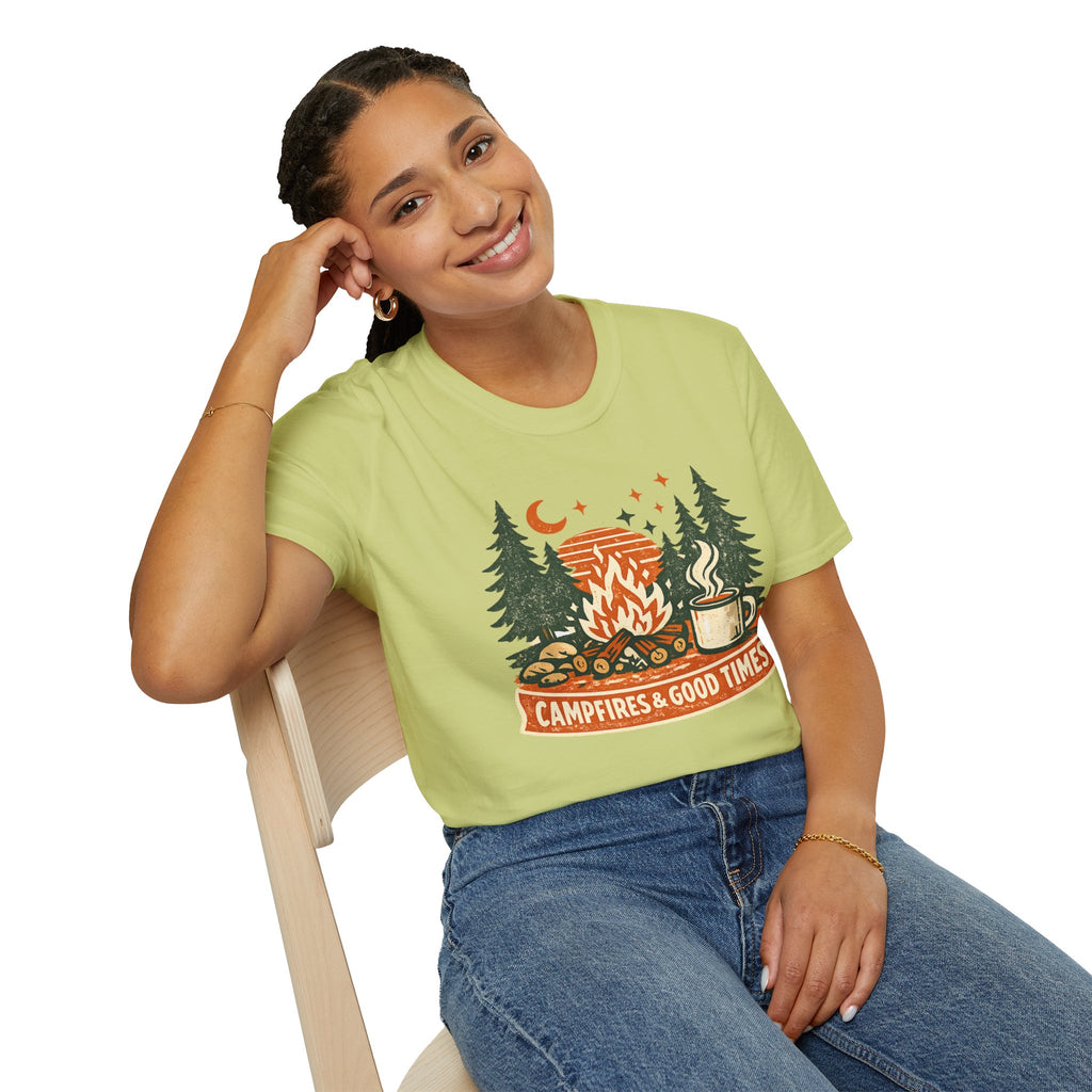 "Campfires & Good Times" T-Shirt — Retro Camping Tee with Bonfire, Trees & Coffee Mug