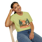 "Campfires & Good Times" T-Shirt — Retro Camping Tee with Bonfire, Trees & Coffee Mug
