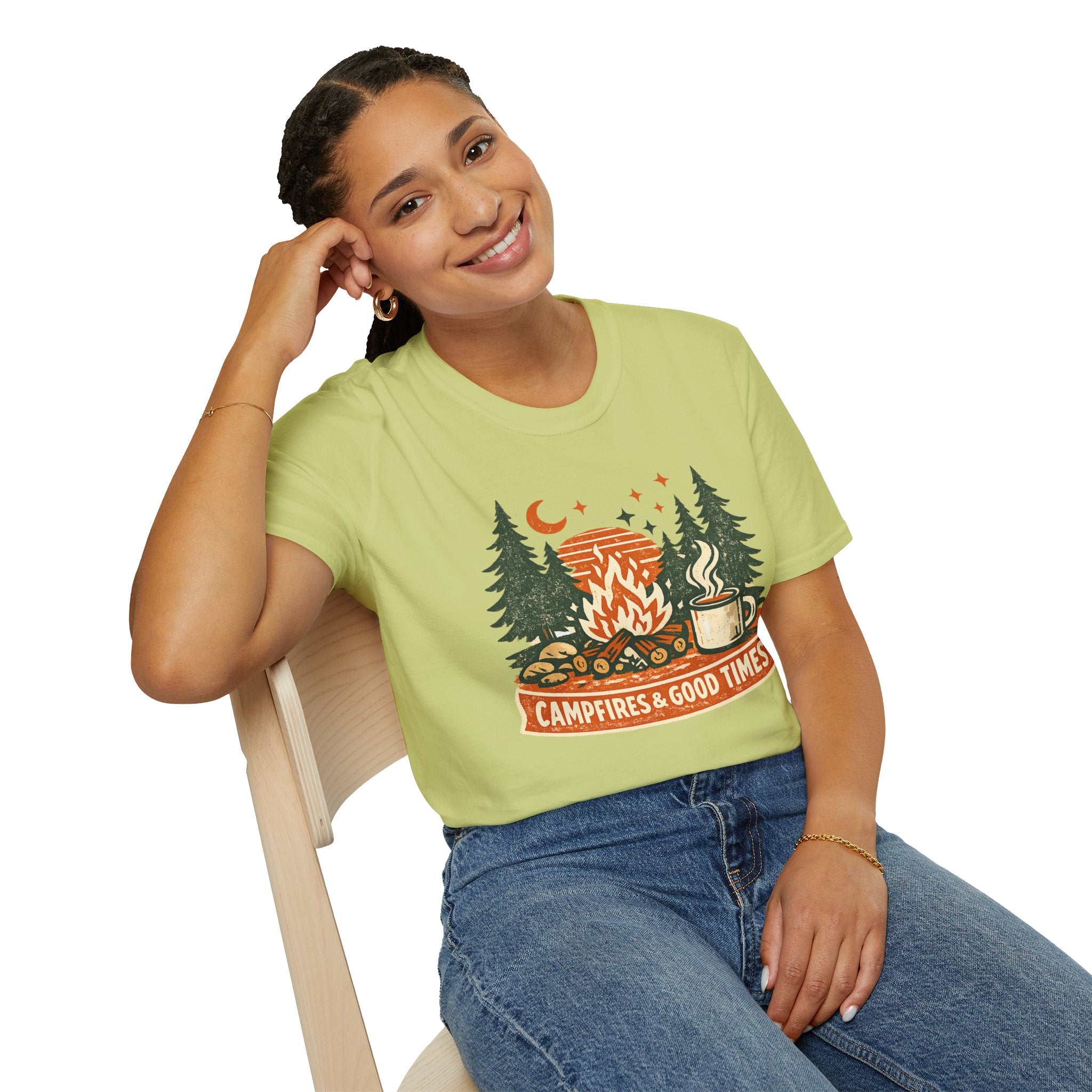 "Campfires & Good Times" T-Shirt — Retro Camping Tee with Bonfire, Trees & Coffee Mug