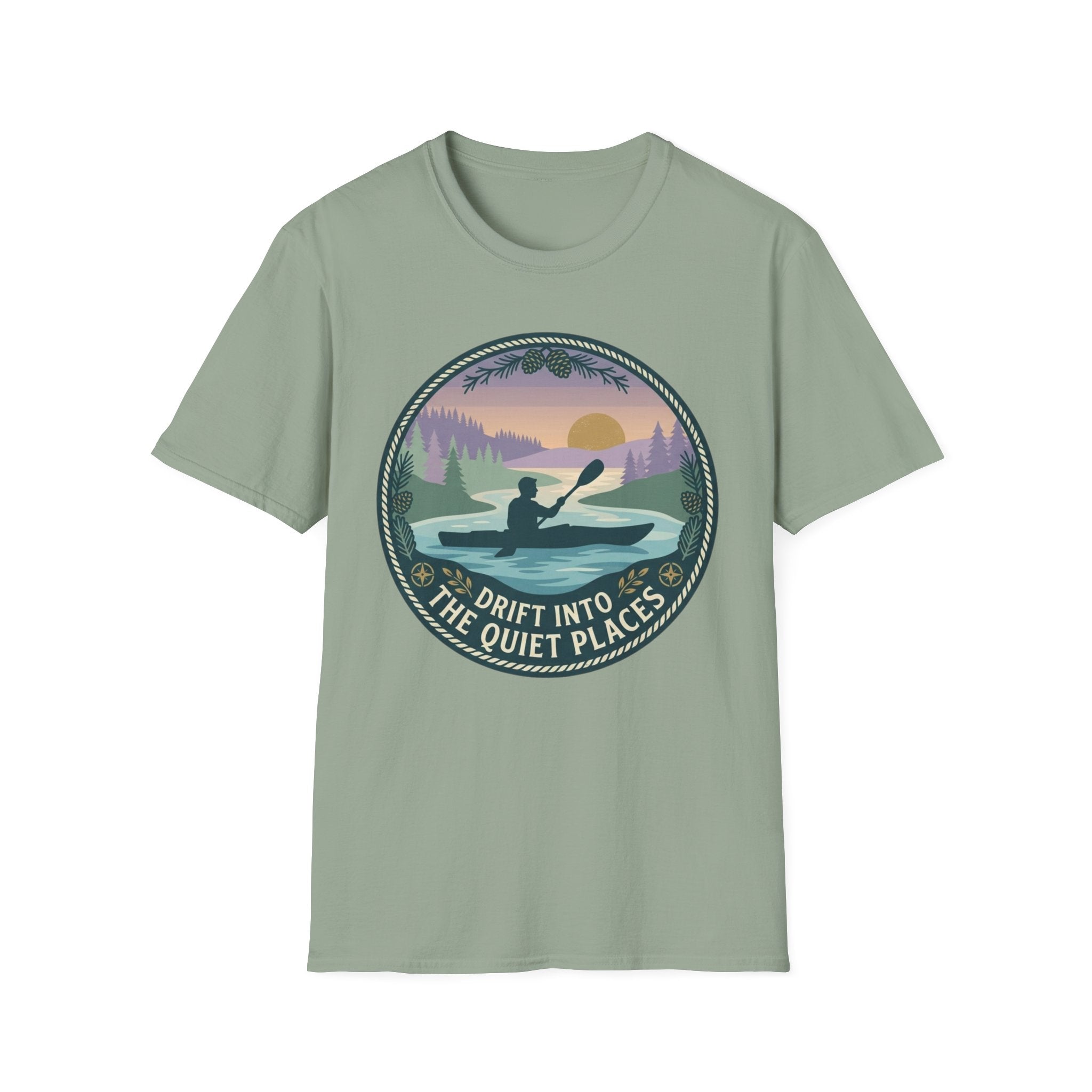 Kayak Sunset T‑Shirt — "Drift Into The Quiet Places" Outdoor Relaxation Tee