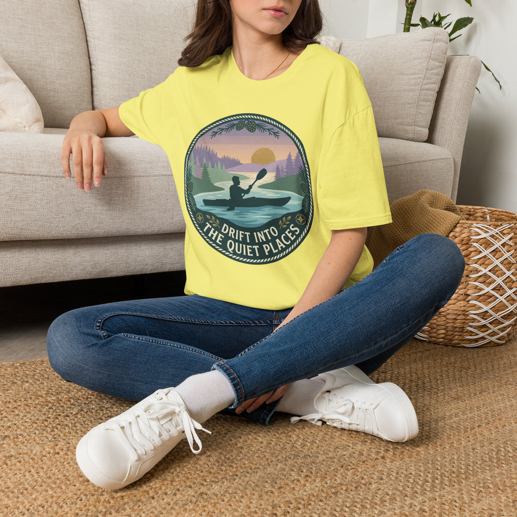 "Drift Into The Quiet Places" Kayak Sunset T‑Shirt — Outdoor Relaxation Tee Shirt