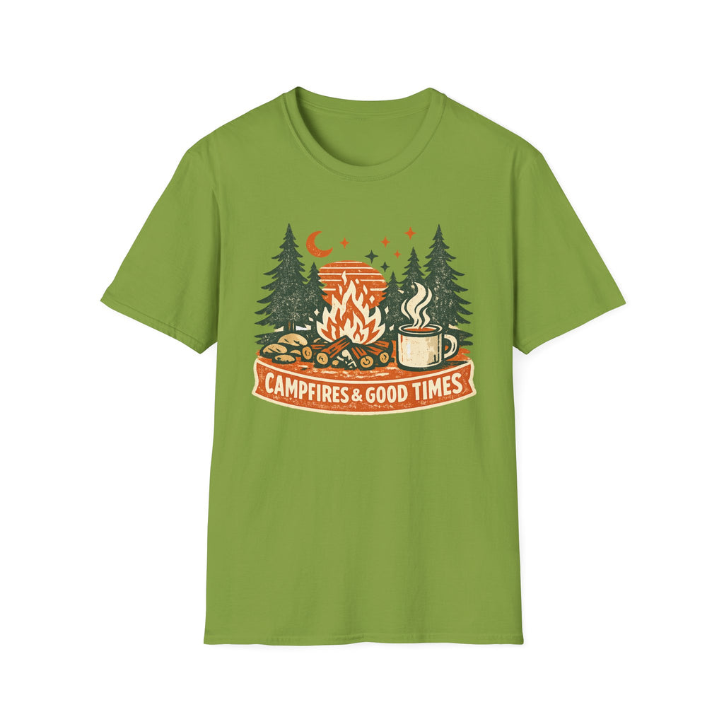 "Campfires & Good Times" T-Shirt — Retro Camping Tee with Bonfire, Trees & Coffee Mug