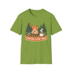 "Campfires & Good Times" T-Shirt — Retro Camping Tee with Bonfire, Trees & Coffee Mug