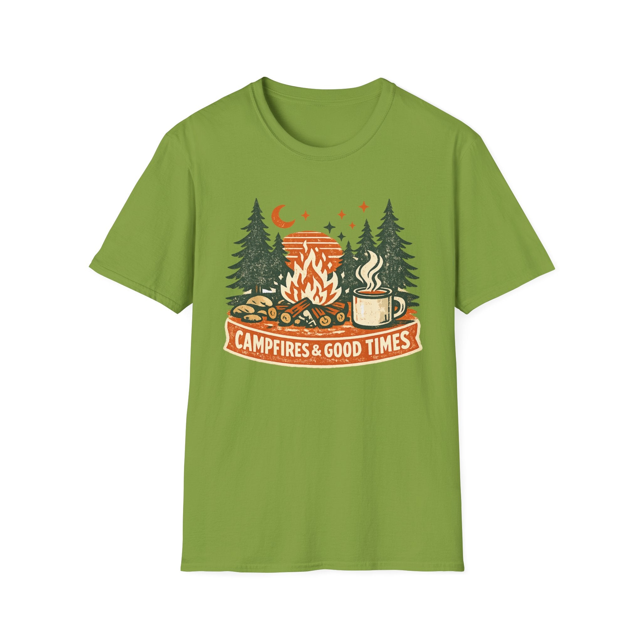 "Campfires & Good Times" T-Shirt — Retro Camping Tee with Bonfire, Trees & Coffee Mug