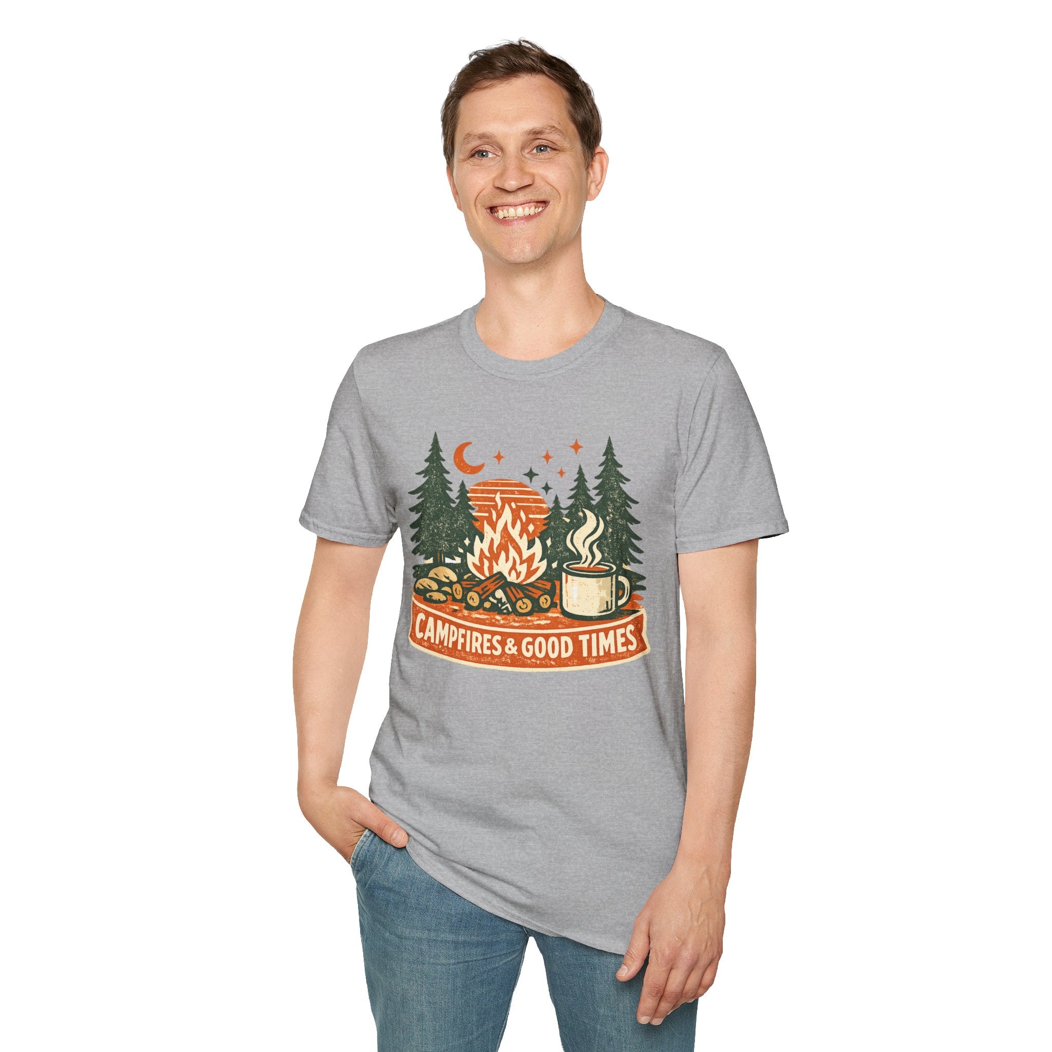 "Campfires & Good Times" T-Shirt — Retro Camping Tee with Bonfire, Trees & Coffee Mug