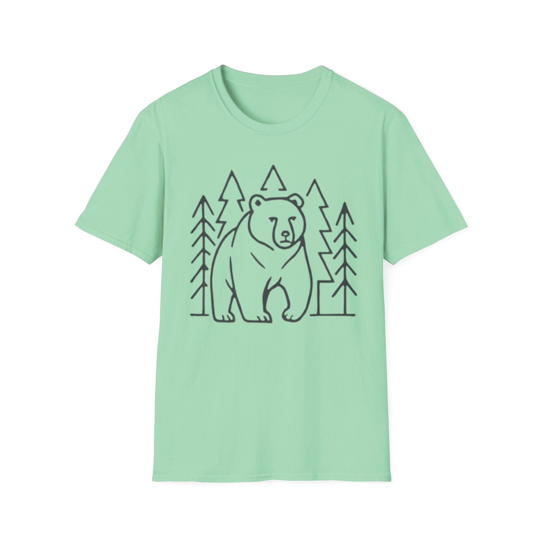 Bear & Pines T-Shirt — Minimal Line Drawing Woodland Tee