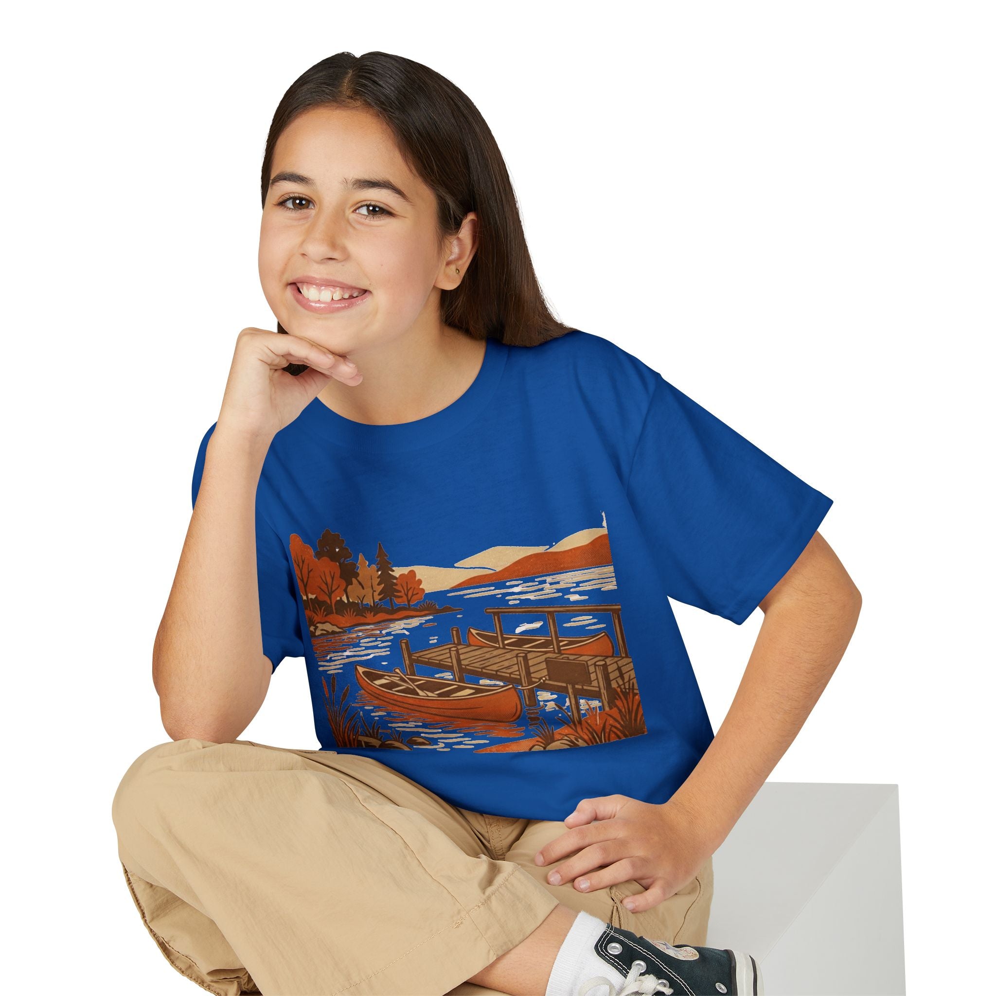 Youth T-Shirt — Autumn Lakeside Dock & Canoe Kids Tee