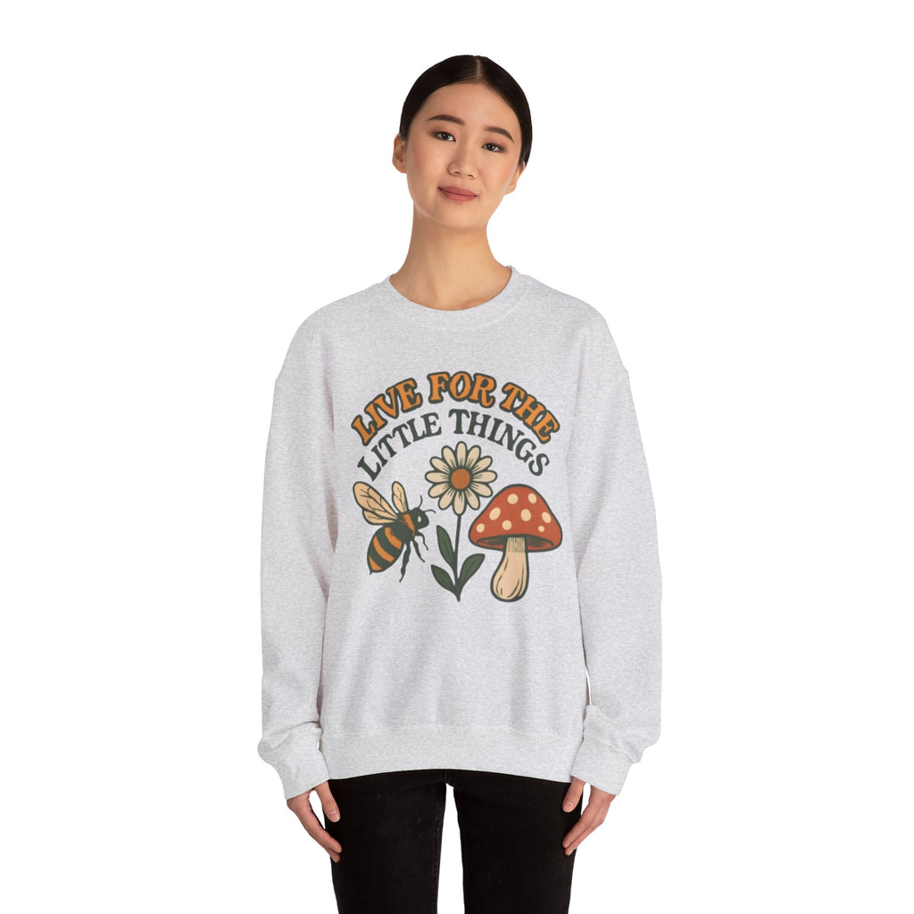 "Live For The Little Things" Bee, Daisy & Mushroom Retro Nature Design Crewneck Sweatshirt