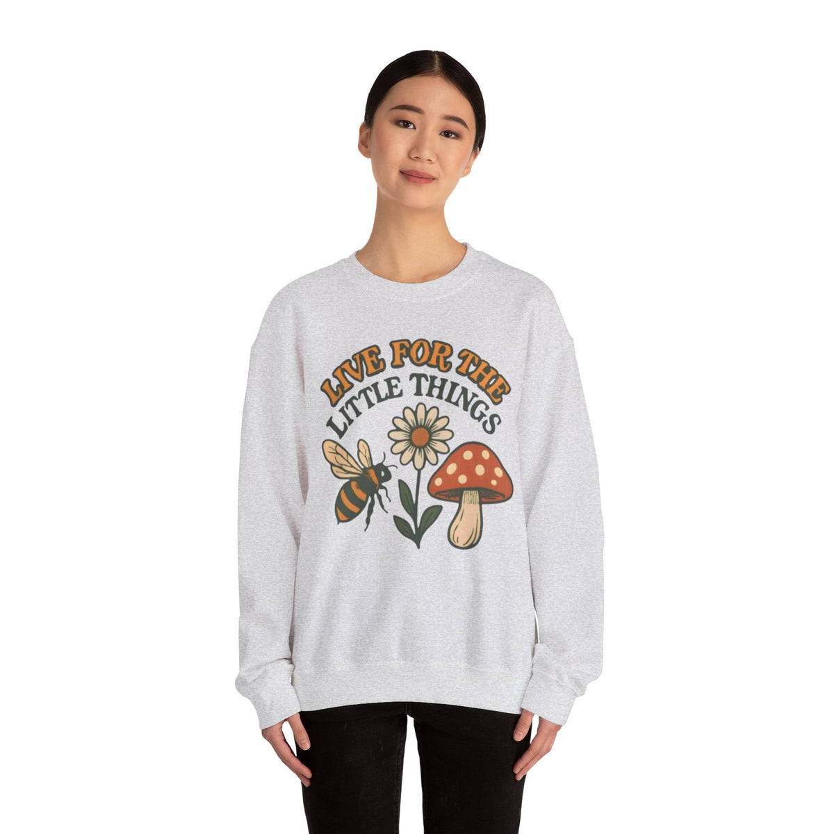 "Live For The Little Things" Bee, Daisy & Mushroom Retro Nature Design Crewneck Sweatshirt