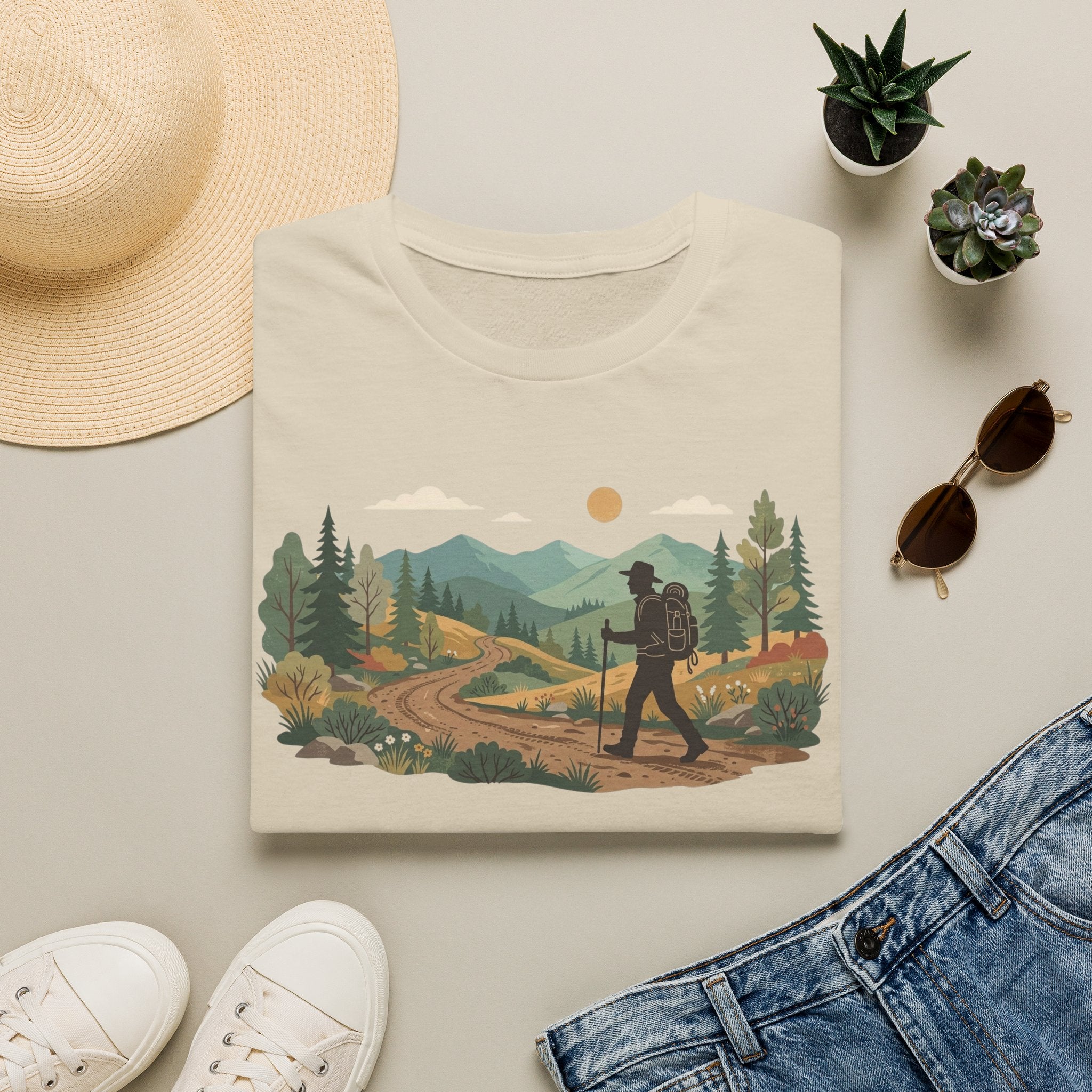 Hiker Mountain Sunset T-Shirt — Scenic Trail Adventure Tee