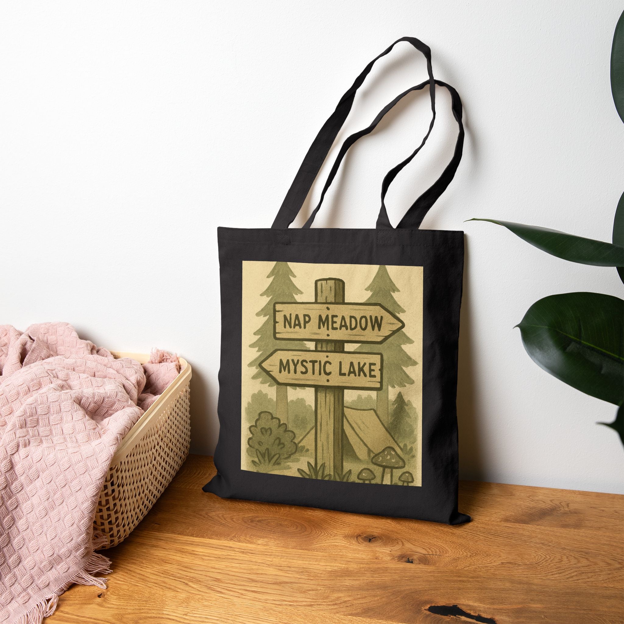 Tote Bag — Rustic ‘Nap Meadow / Mystic Lake’ Camping Sign Canvas Tote