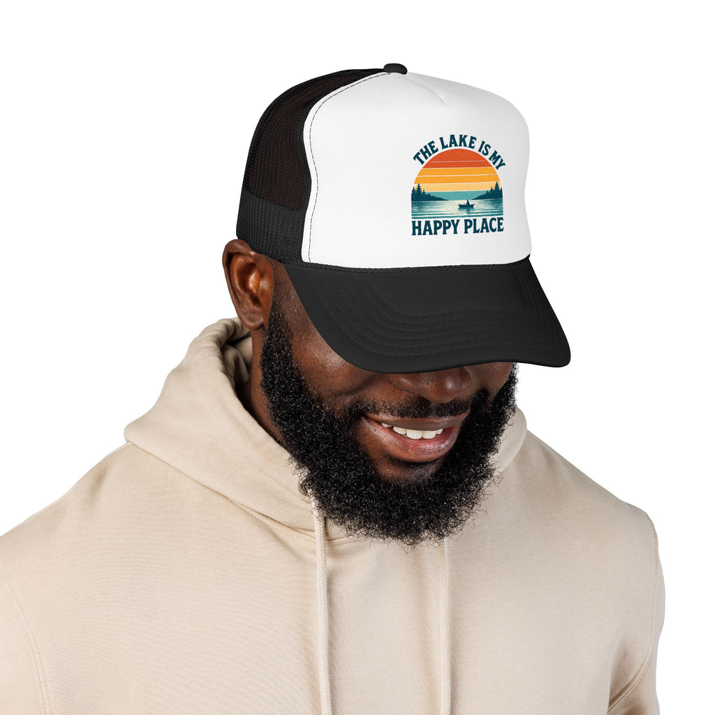 Lake Is My Happy Place Trucker Hat — Vintage Sunset Fishing Foam Cap