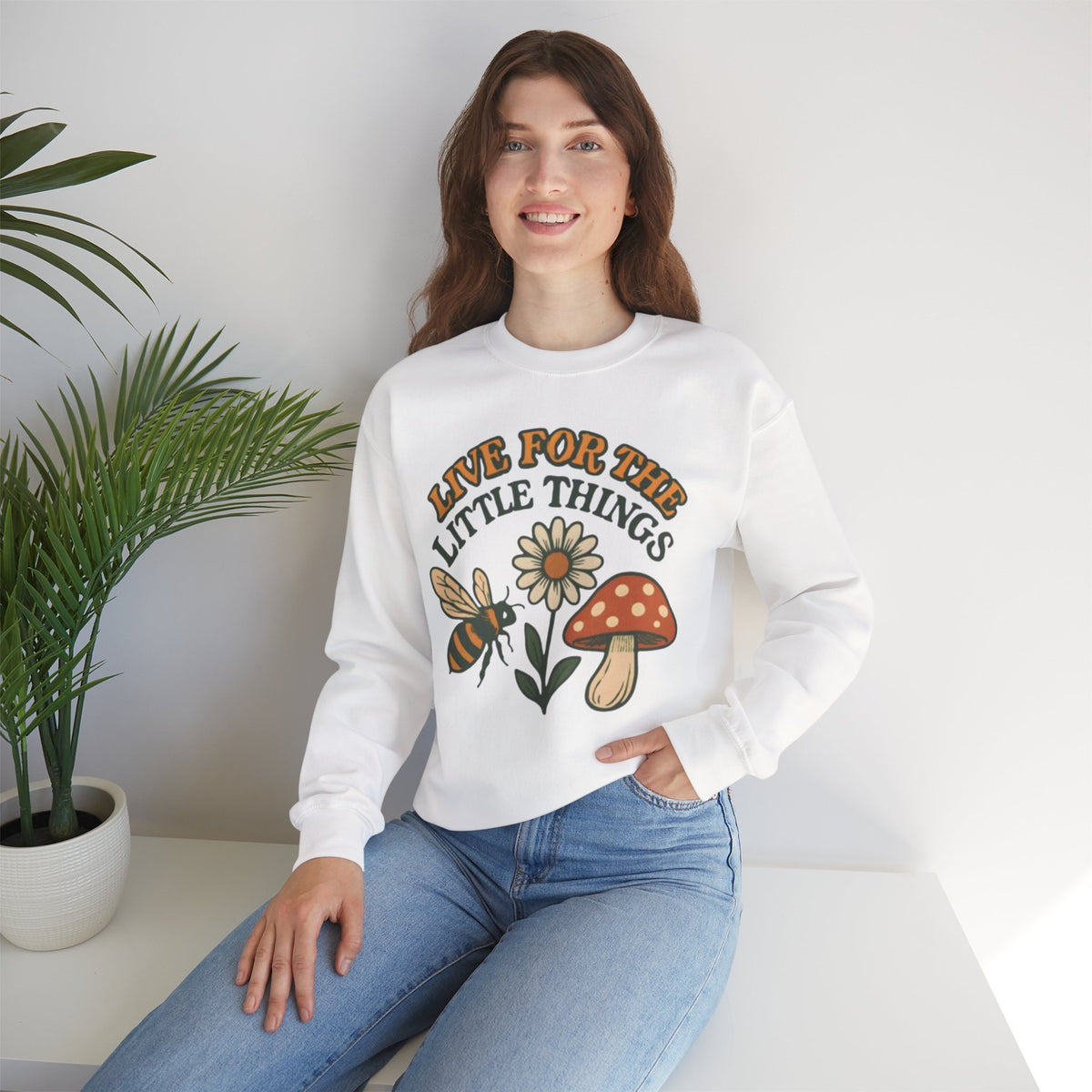 "Live For The Little Things" Bee, Daisy & Mushroom Retro Nature Design Crewneck Sweatshirt