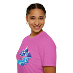 Mountain River T-Shirt — Geometric Blue Peaks & Flowing River